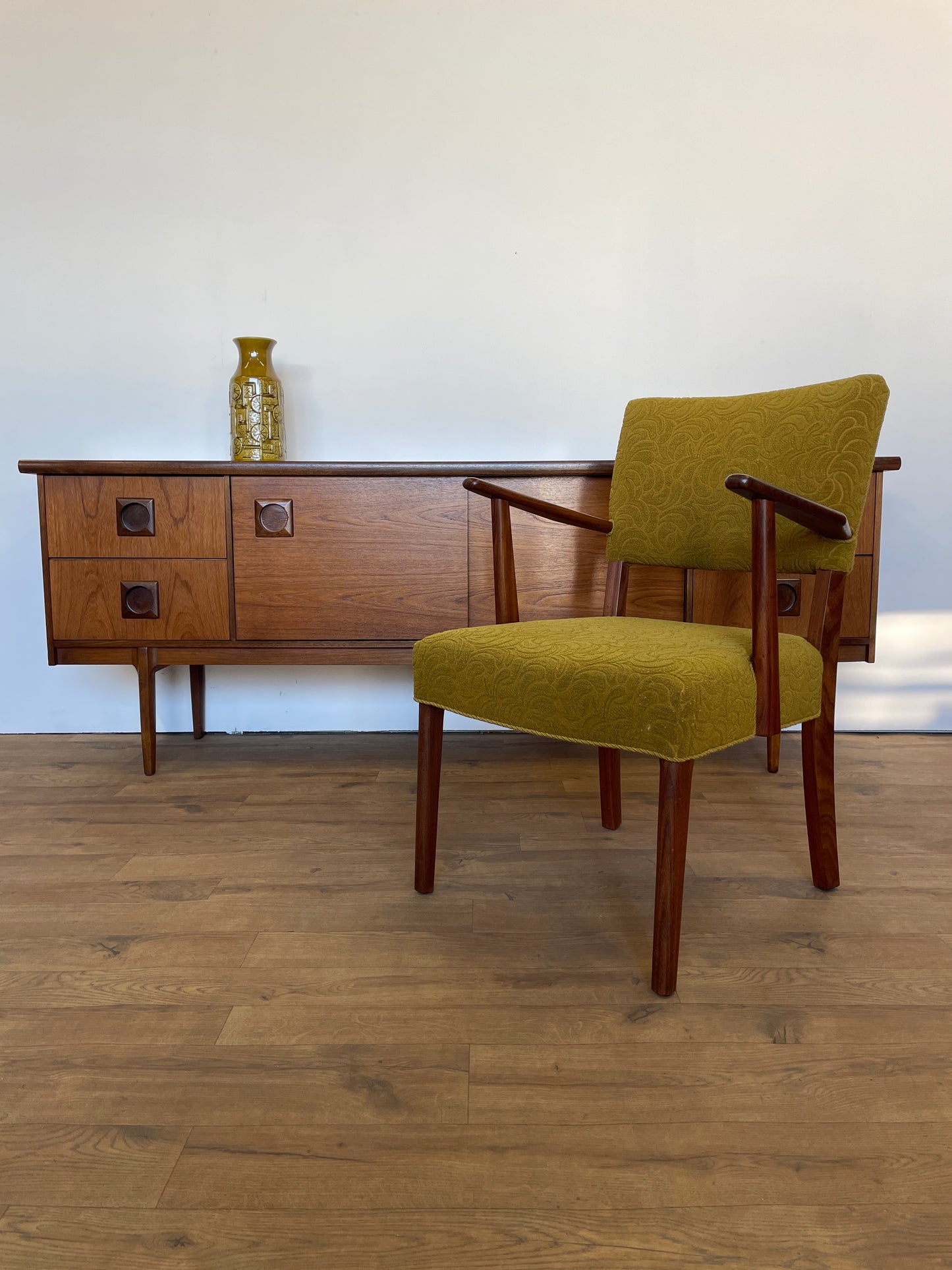 Danish Teak Upholstered Armchair w/ Green Fabric - Mid-Century Vintage