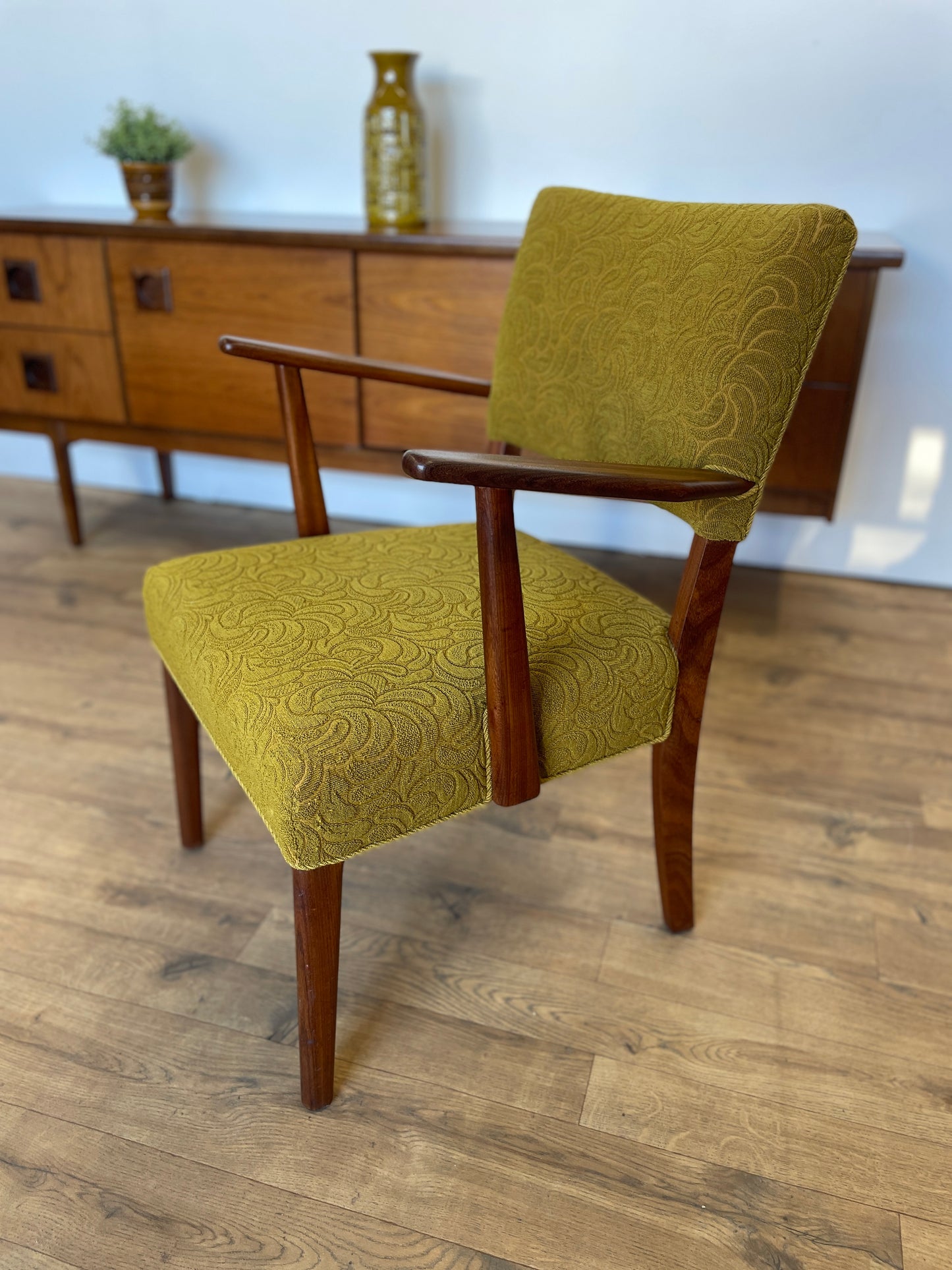 Danish Teak Upholstered Armchair w/ Green Fabric - Mid-Century Vintage