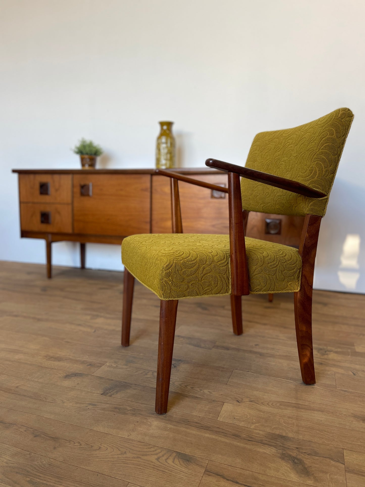 Danish Teak Upholstered Armchair w/ Green Fabric - Mid-Century Vintage