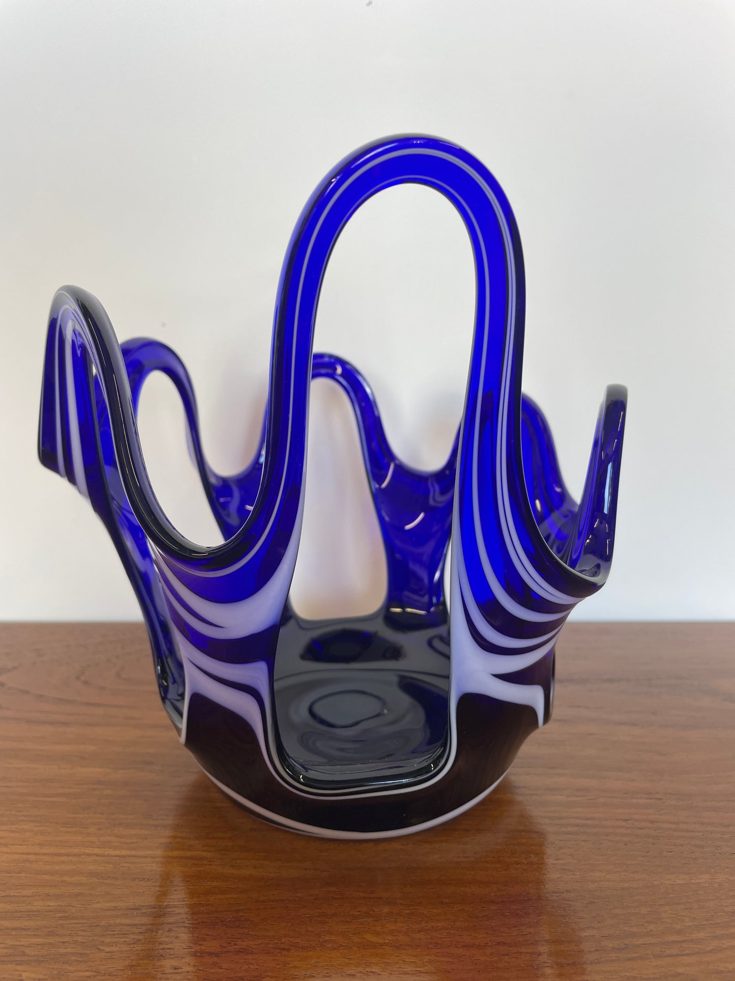 Murano Style Hand-Blown Cobalt Blue Art Glass Bowl – Vintage Freeform Swirl Design