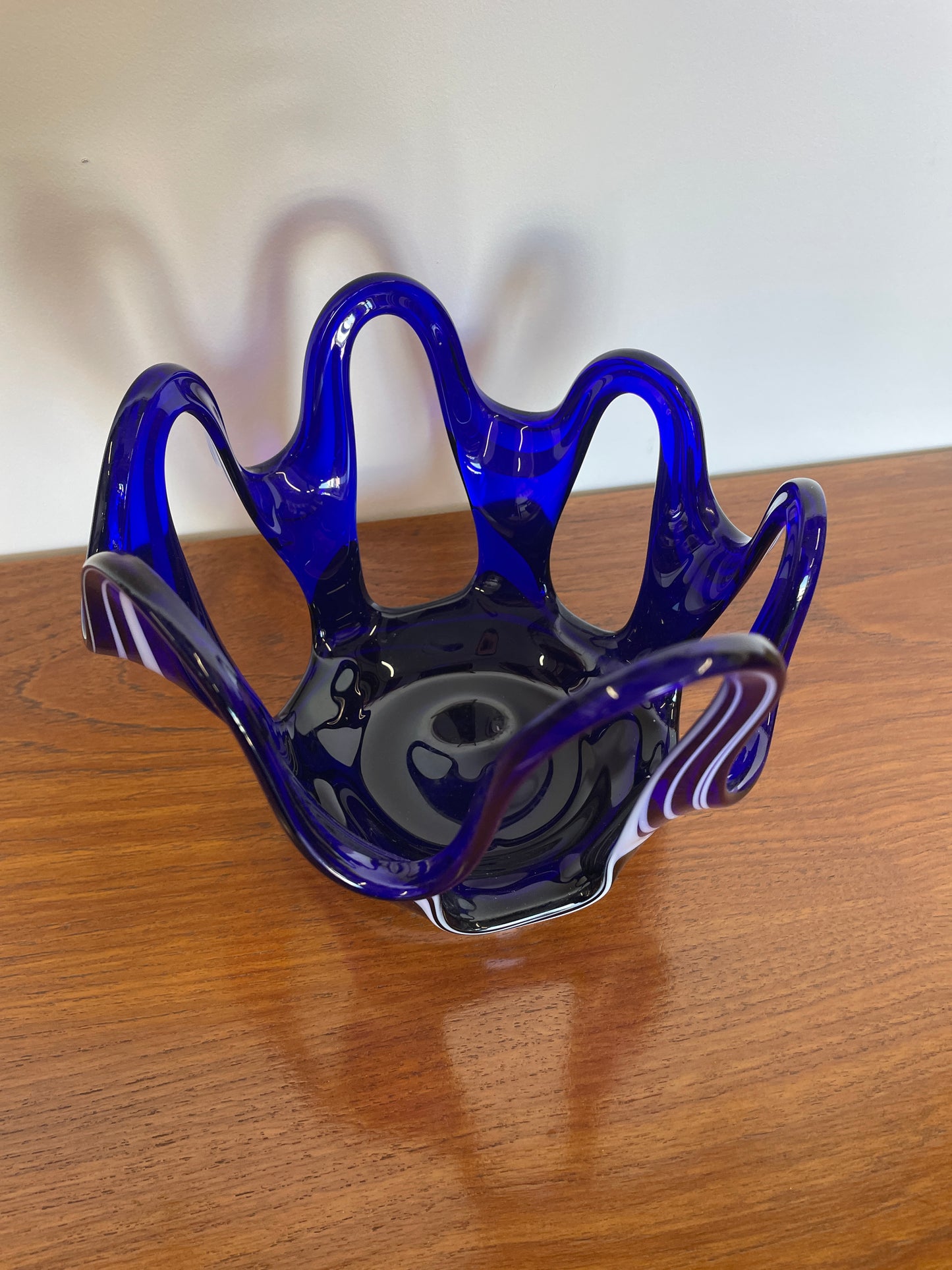 Murano Style Hand-Blown Cobalt Blue Art Glass Bowl – Vintage Freeform Swirl Design