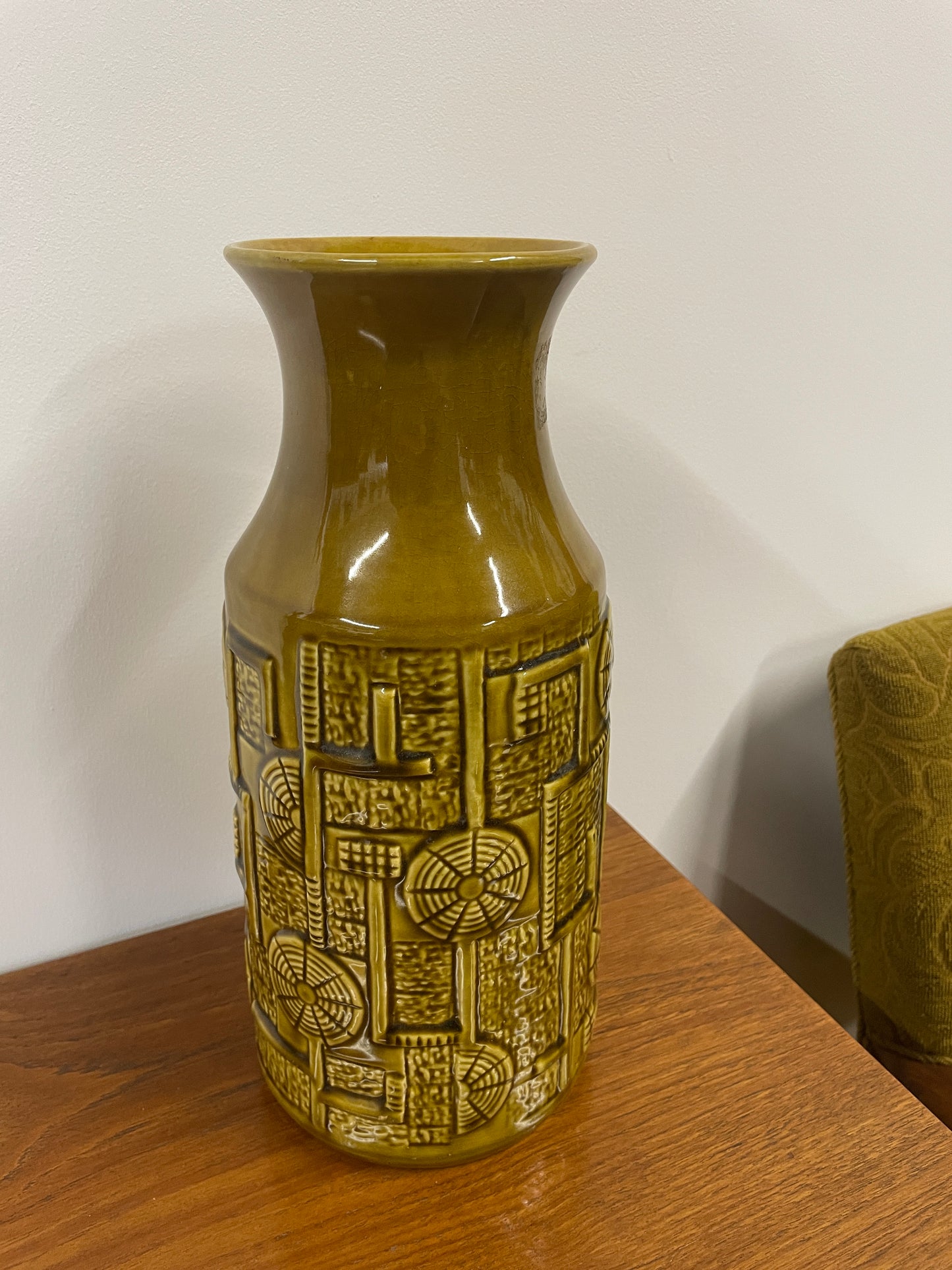 Vintage West German Pottery Vase – Olive Green Geometric Mid-Century Design – 30cm