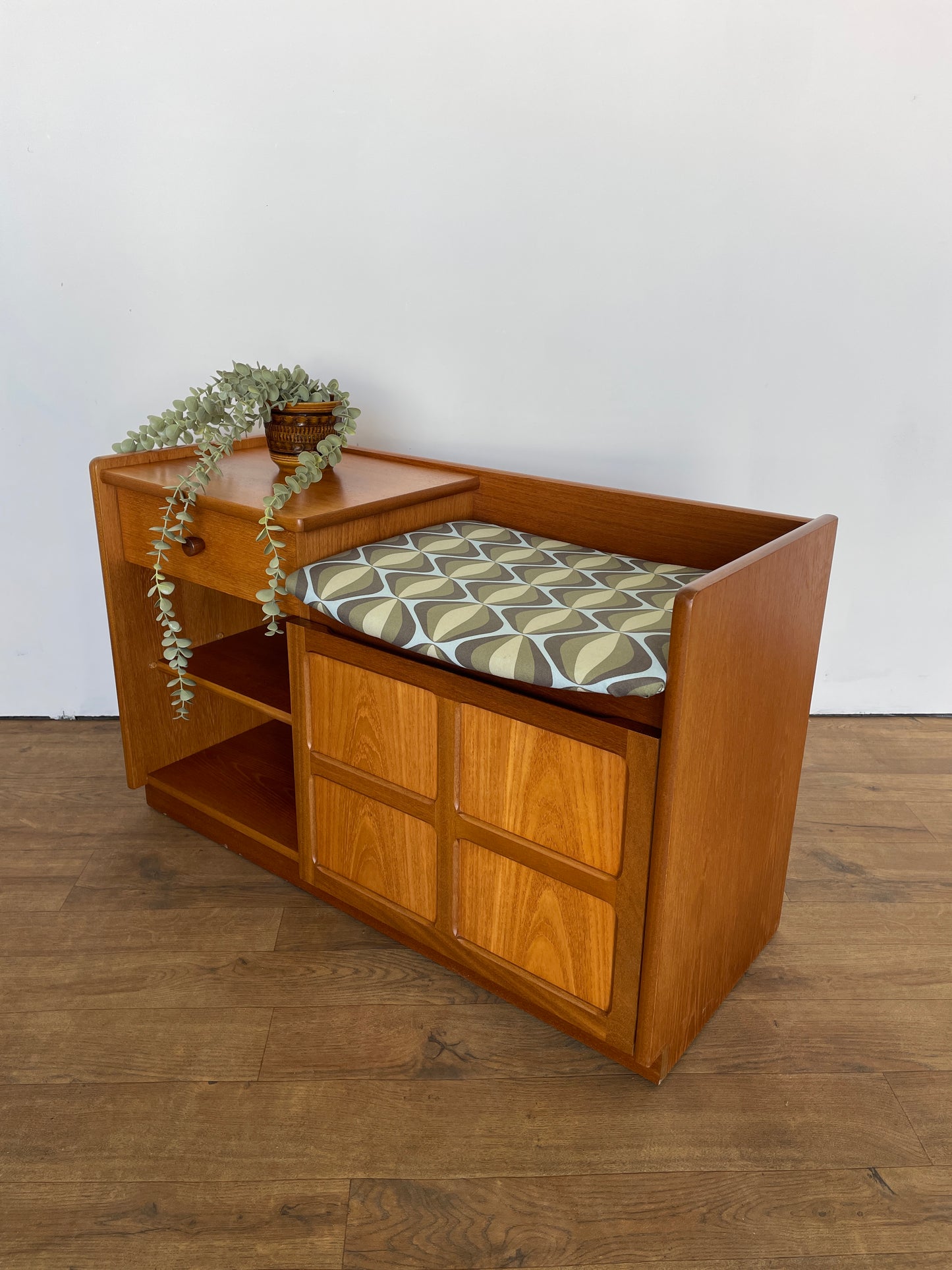 Nathan Mid-Century Teak Telephone Seat with Storage & Retro Cushion