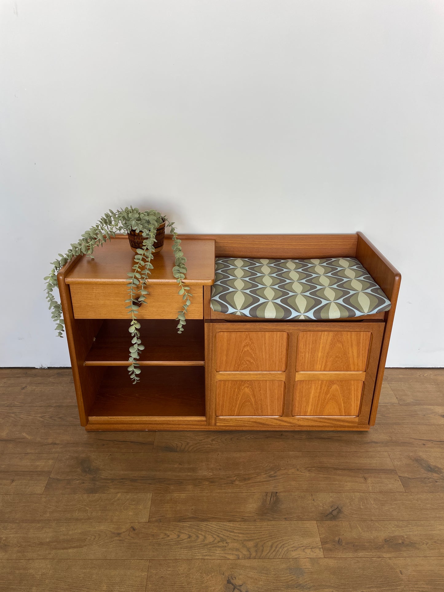 Nathan Mid-Century Teak Telephone Seat with Storage & Retro Cushion