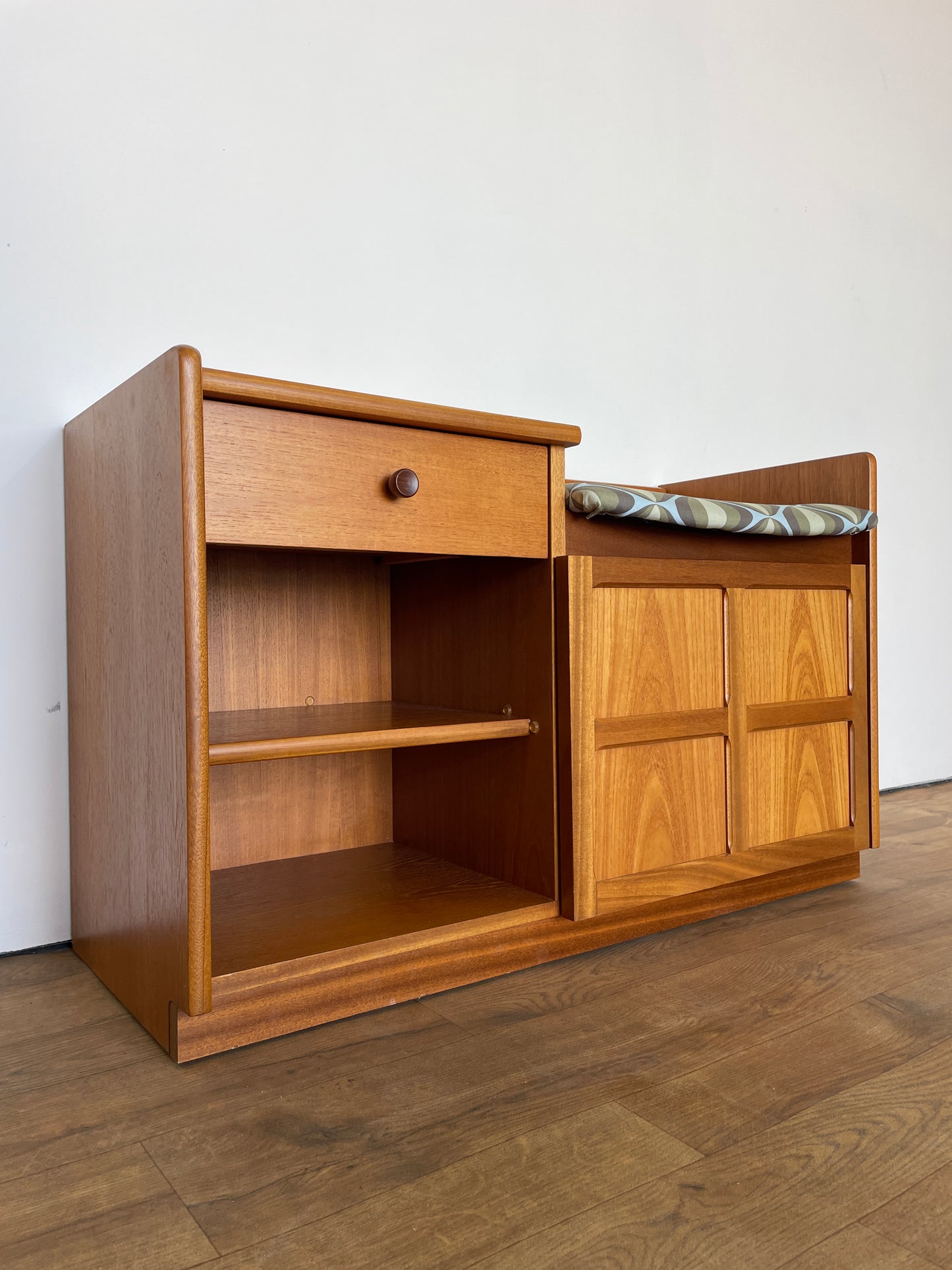 Nathan Mid-Century Teak Telephone Seat with Storage & Retro Cushion
