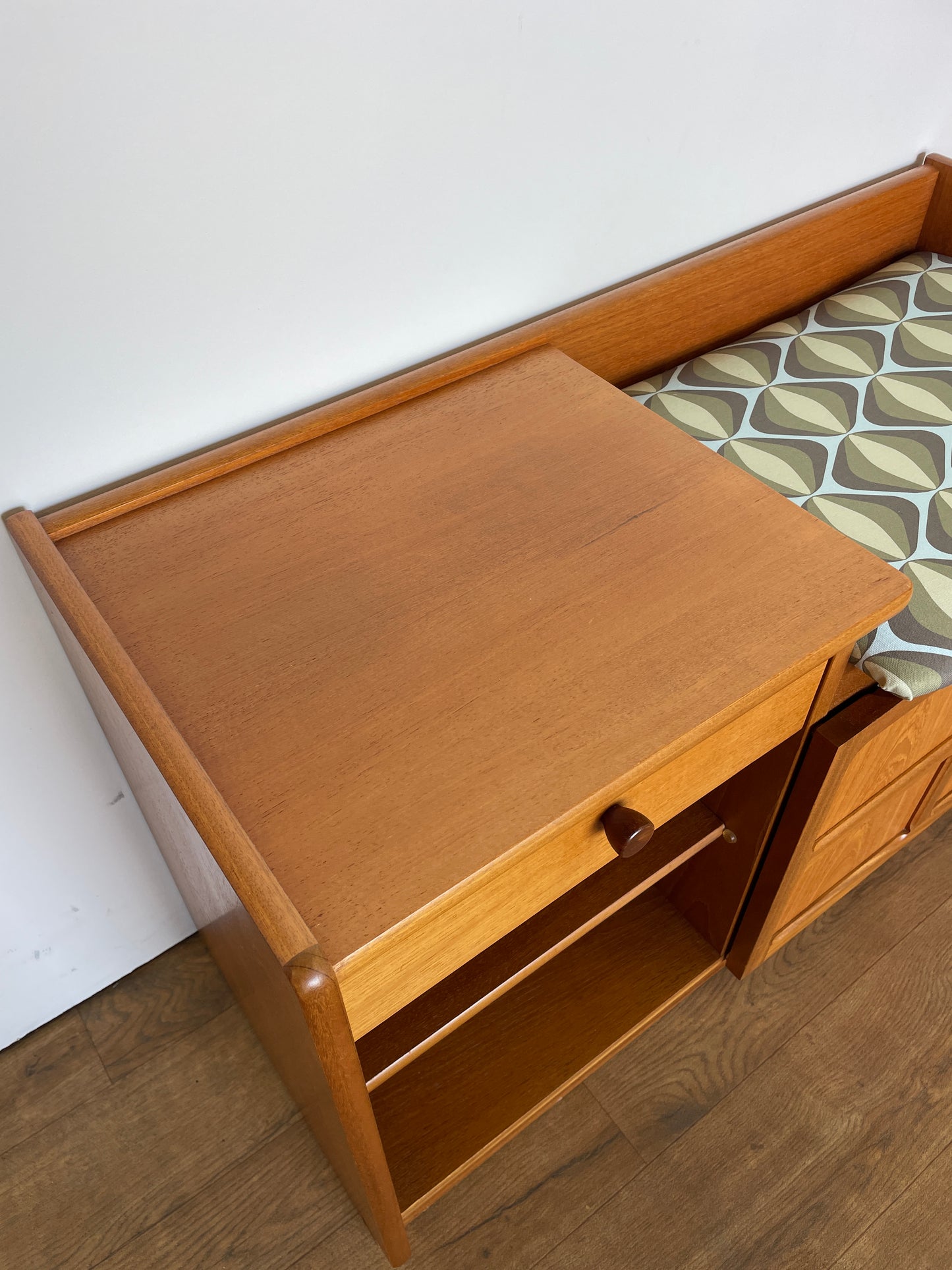 Nathan Mid-Century Teak Telephone Seat with Storage & Retro Cushion