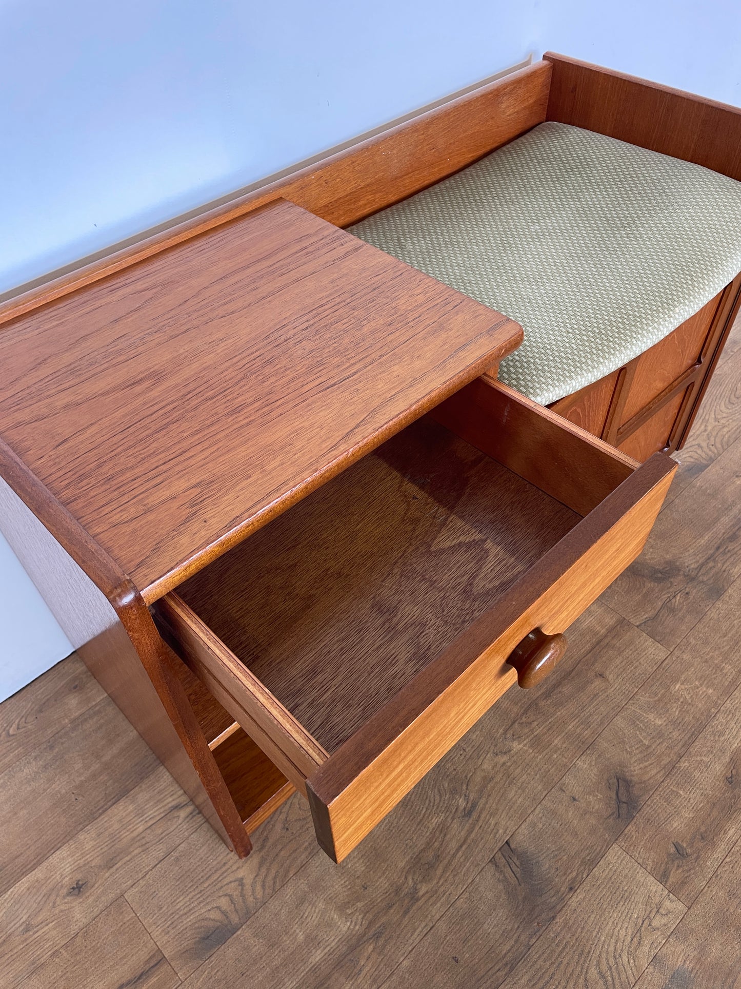 Nathan Mid-Century Teak Telephone Seat with Storage & Original Cushion