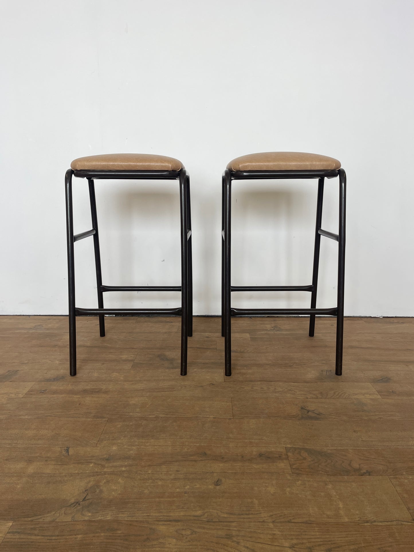 Pair of Mid-Century Dark Brown Metal Kitchen Stools with Upholstered Padded Seats