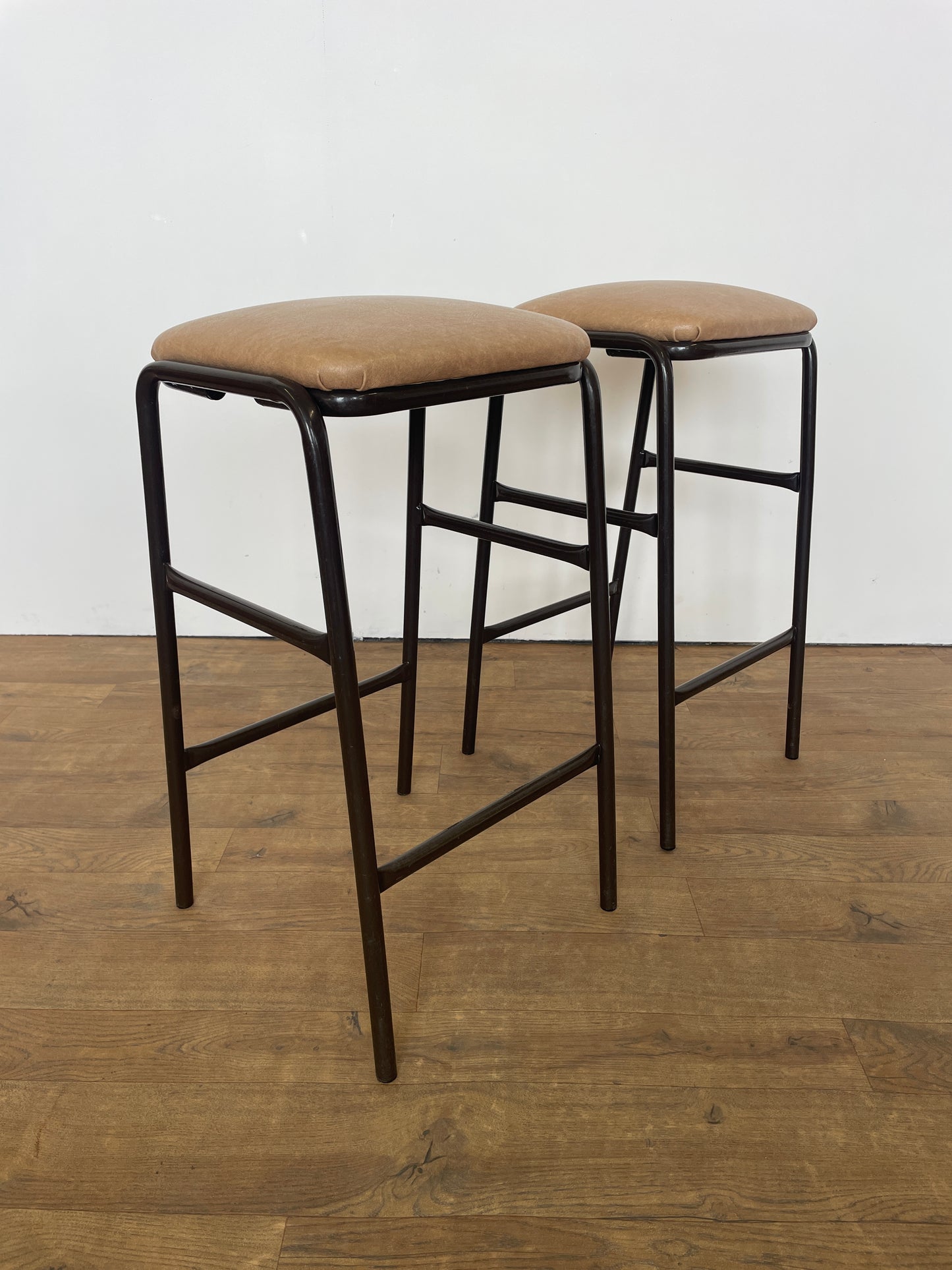 Pair of Mid-Century Dark Brown Metal Kitchen Stools with Upholstered Padded Seats