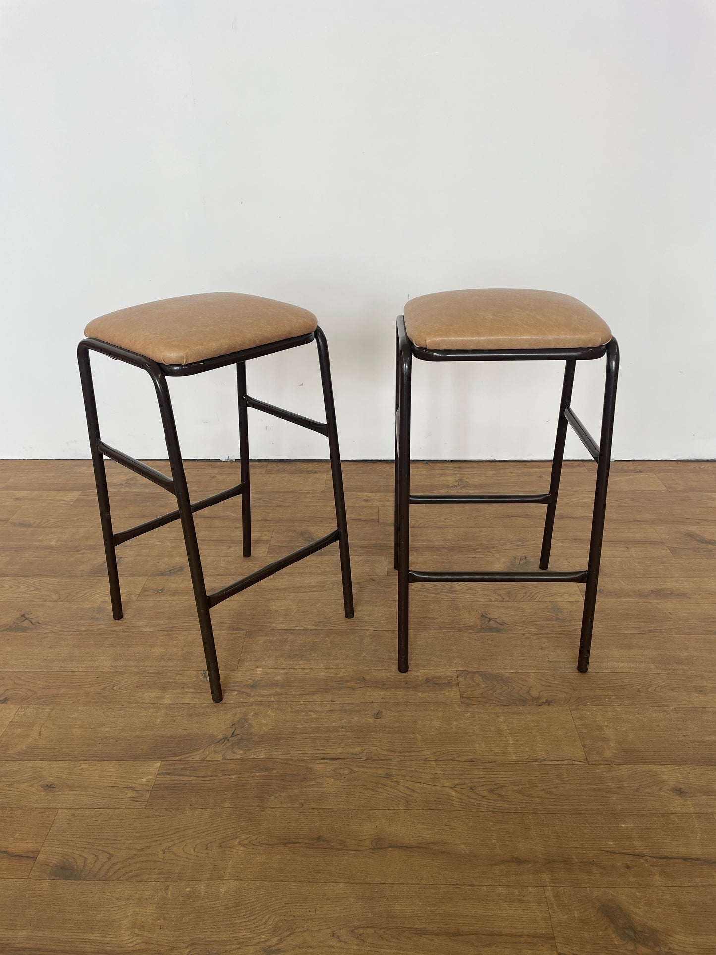 Pair of Mid-Century Dark Brown Metal Kitchen Stools with Upholstered Padded Seats