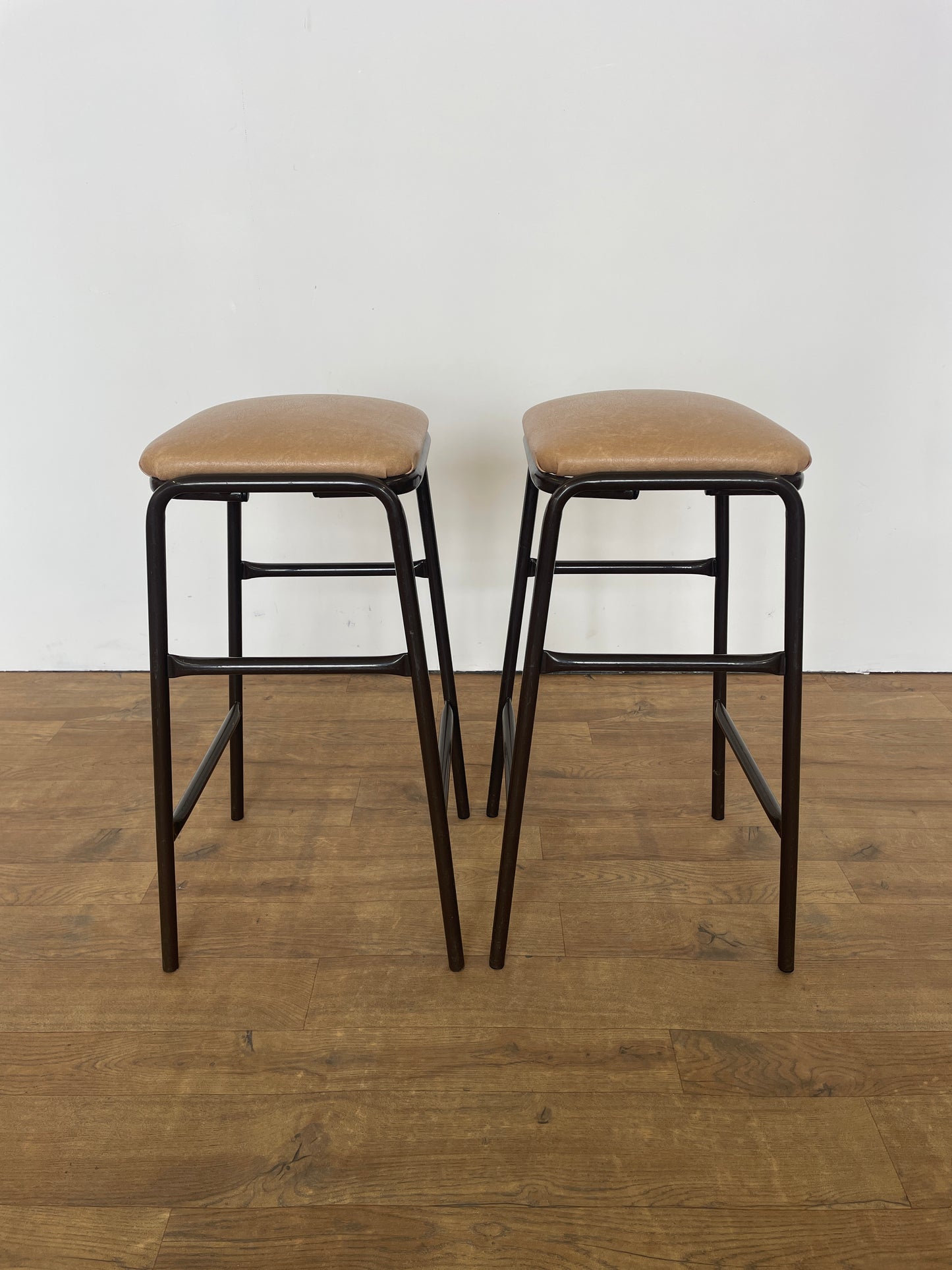 Pair of Mid-Century Dark Brown Metal Kitchen Stools with Upholstered Padded Seats