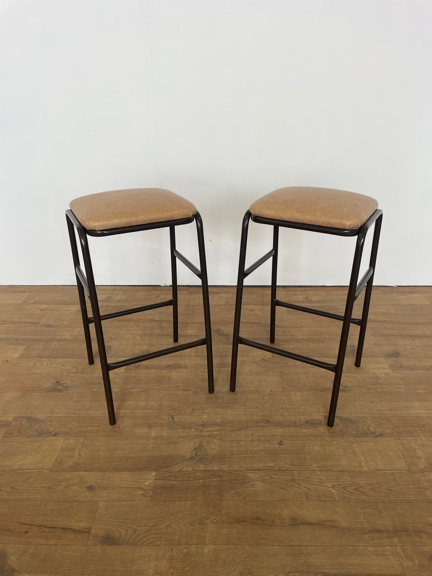 Pair of Mid-Century Dark Brown Metal Kitchen Stools with Upholstered Padded Seats