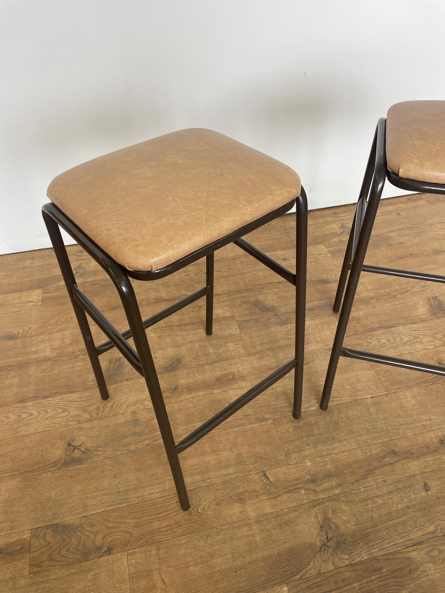 Pair of Mid-Century Dark Brown Metal Kitchen Stools with Upholstered Padded Seats