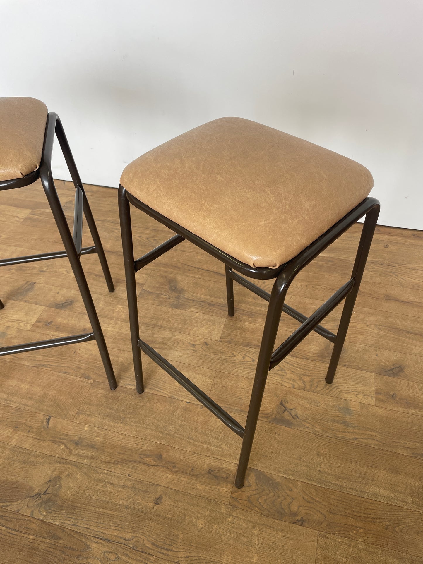 Pair of Mid-Century Dark Brown Metal Kitchen Stools with Upholstered Padded Seats