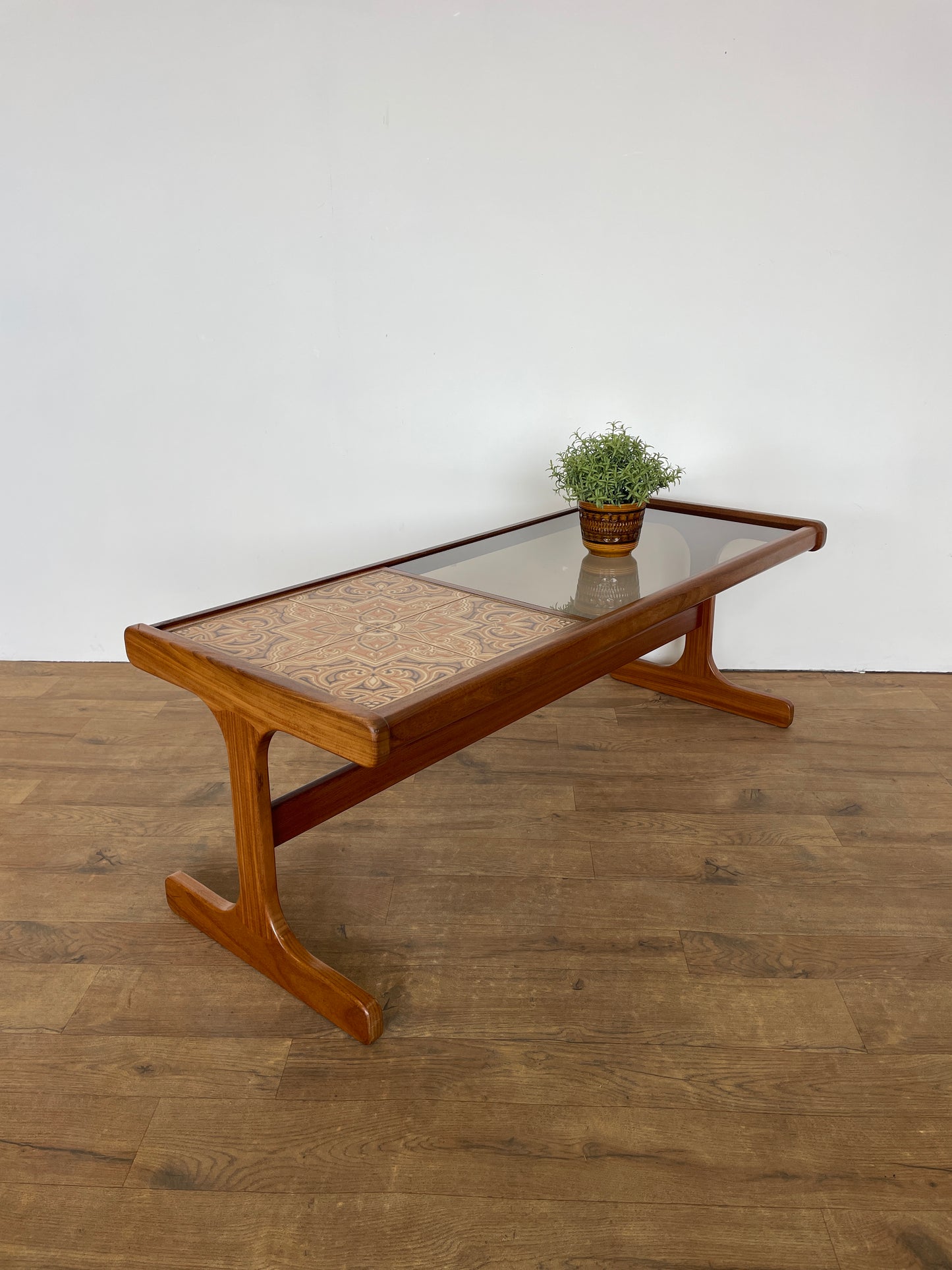 Mid-Century Teak G Plan Coffee Table with Tiled Top & Smoked Glass