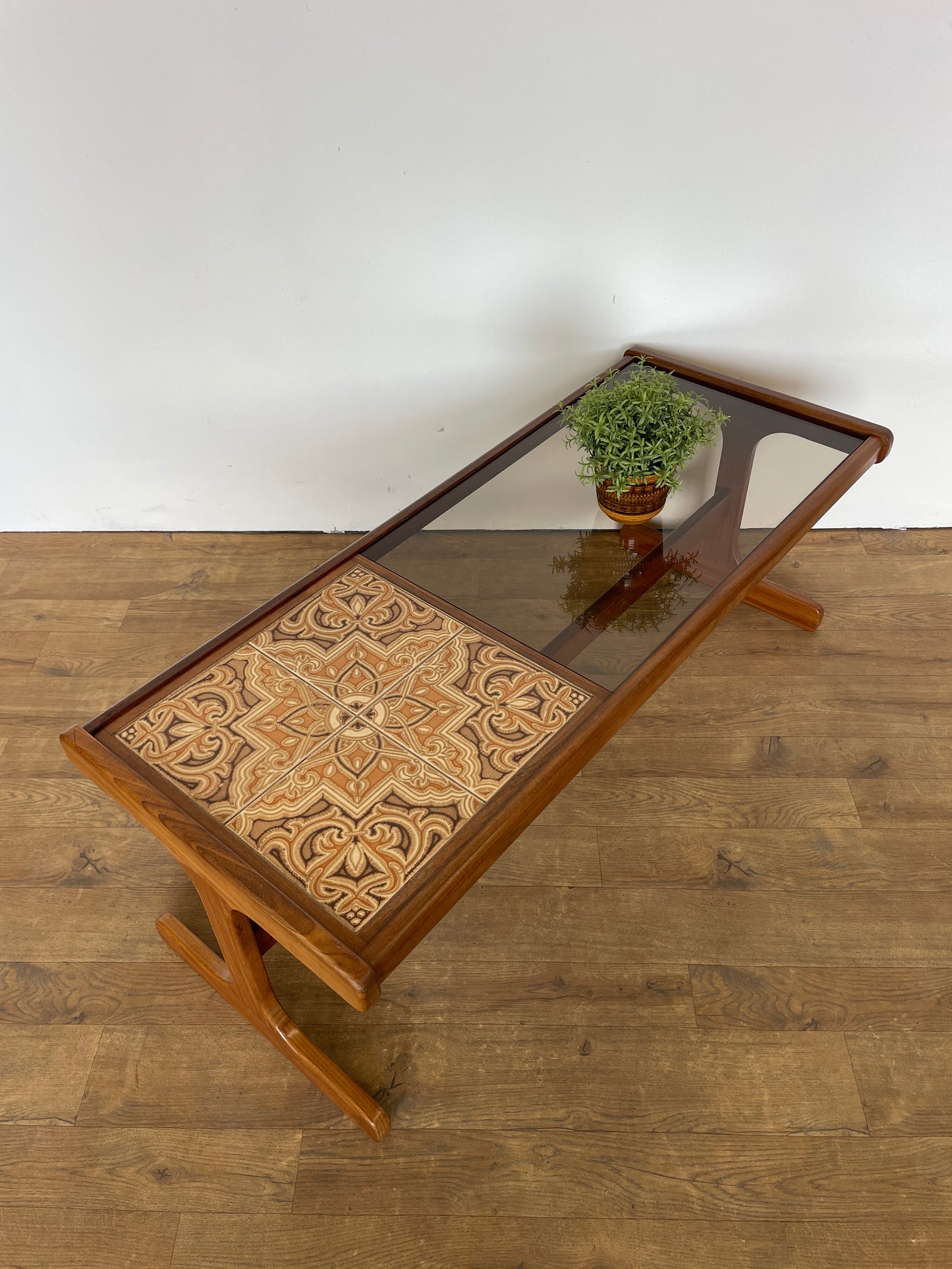 Mid-Century Teak G Plan Coffee Table with Tiled Top & Smoked Glass