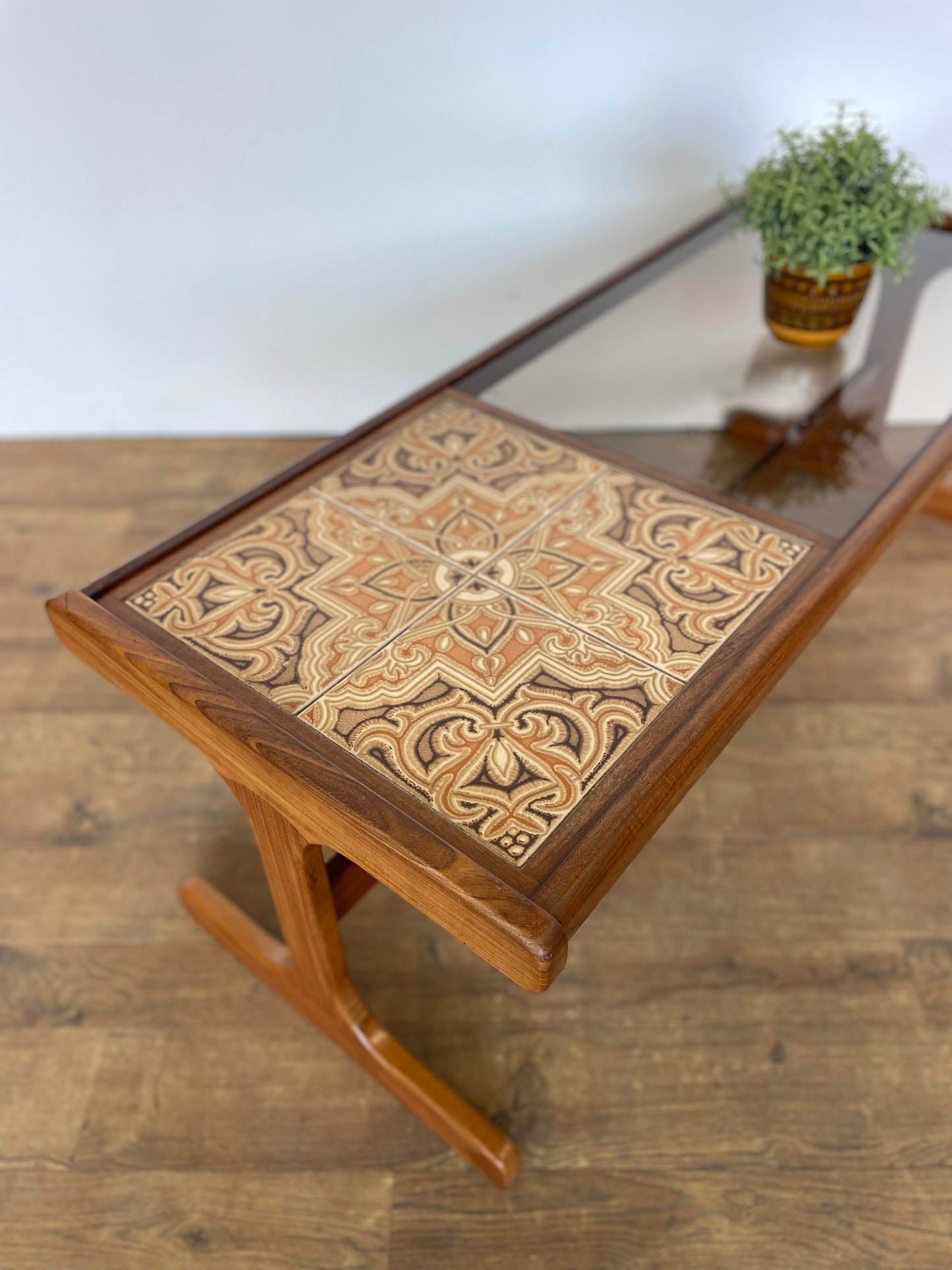 Mid-Century Teak G Plan Coffee Table with Tiled Top & Smoked Glass