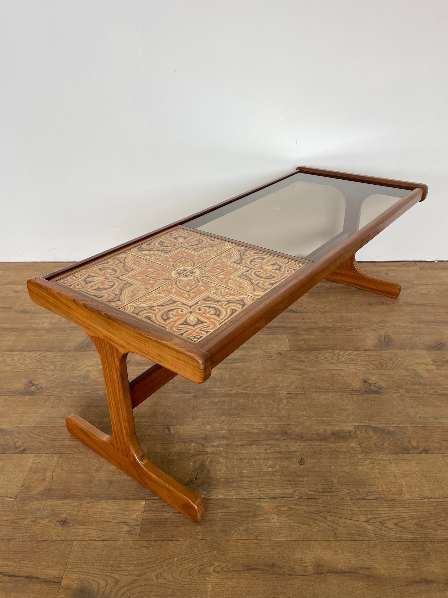 Mid-Century Teak G Plan Coffee Table with Tiled Top & Smoked Glass
