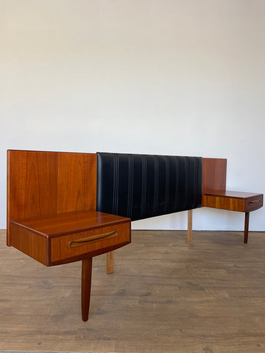 Mid-Century Teak & Black Vinyl G Plan Fresco King Headboard with Built-In Bedside Cabinets