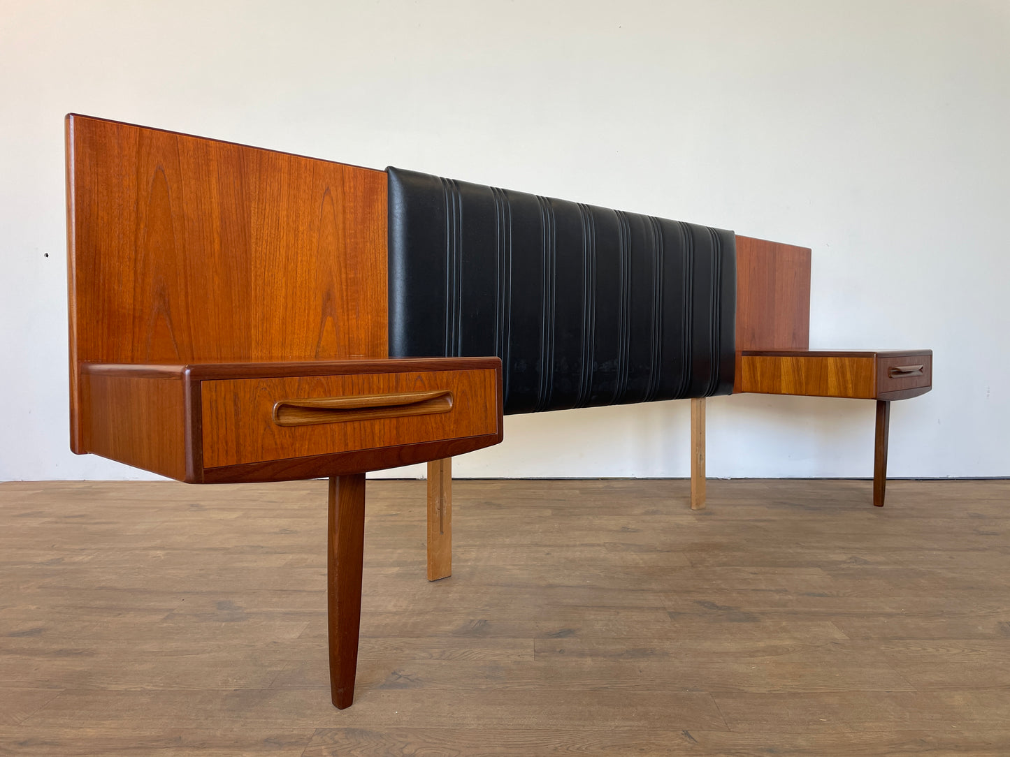 Mid-Century Teak & Black Vinyl G Plan Fresco King Headboard with Built-In Bedside Cabinets