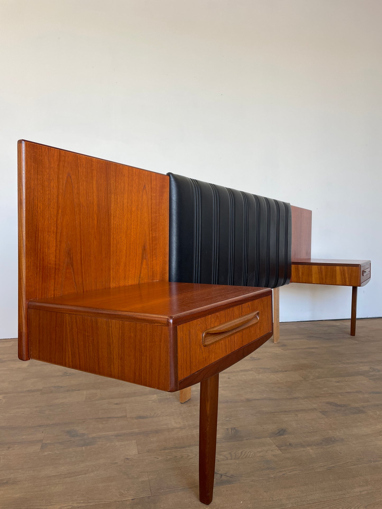 Mid-Century Teak & Black Vinyl G Plan Fresco King Headboard with Built-In Bedside Cabinets