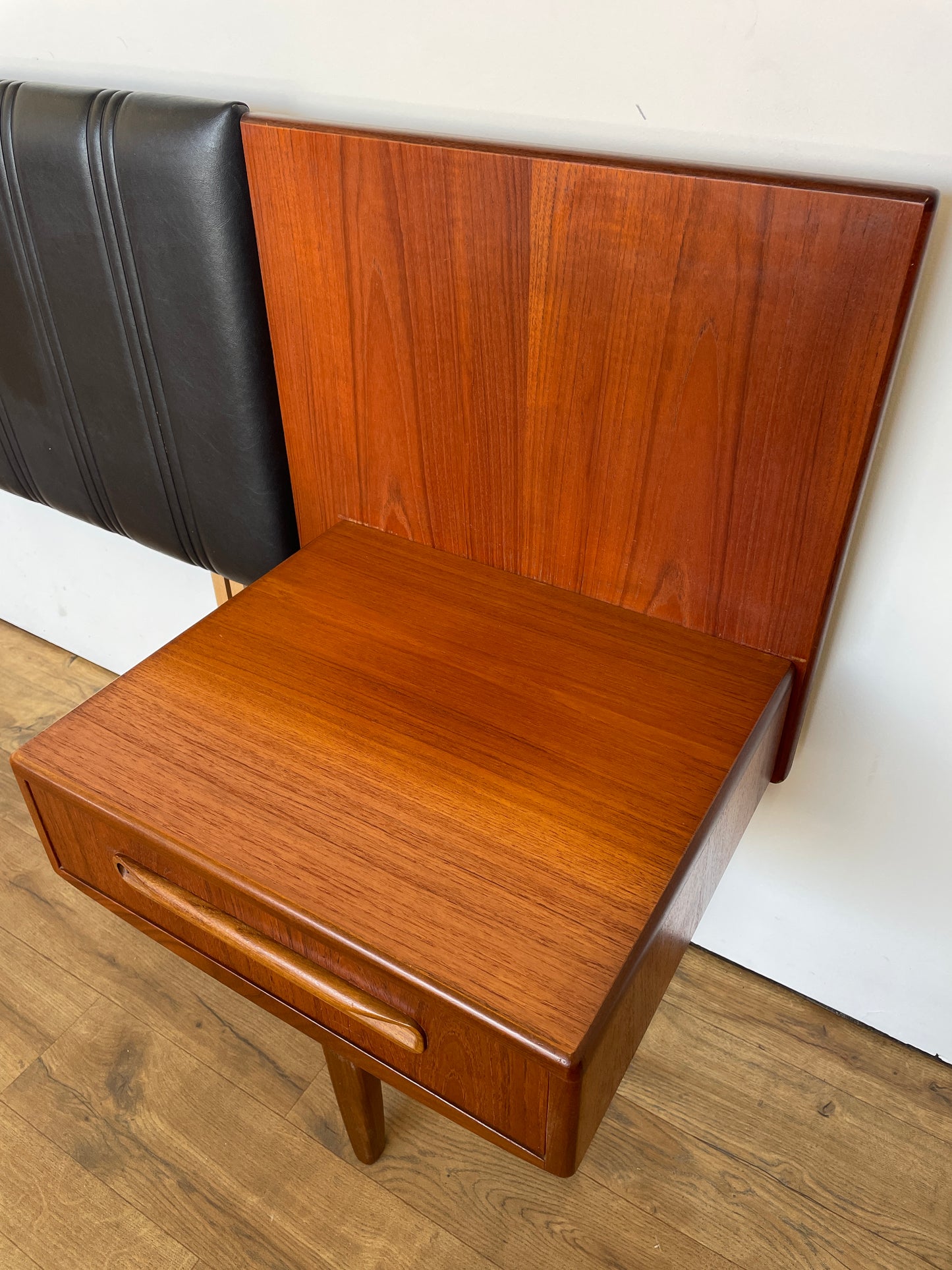 Mid-Century Teak & Black Vinyl G Plan Fresco King Headboard with Built-In Bedside Cabinets