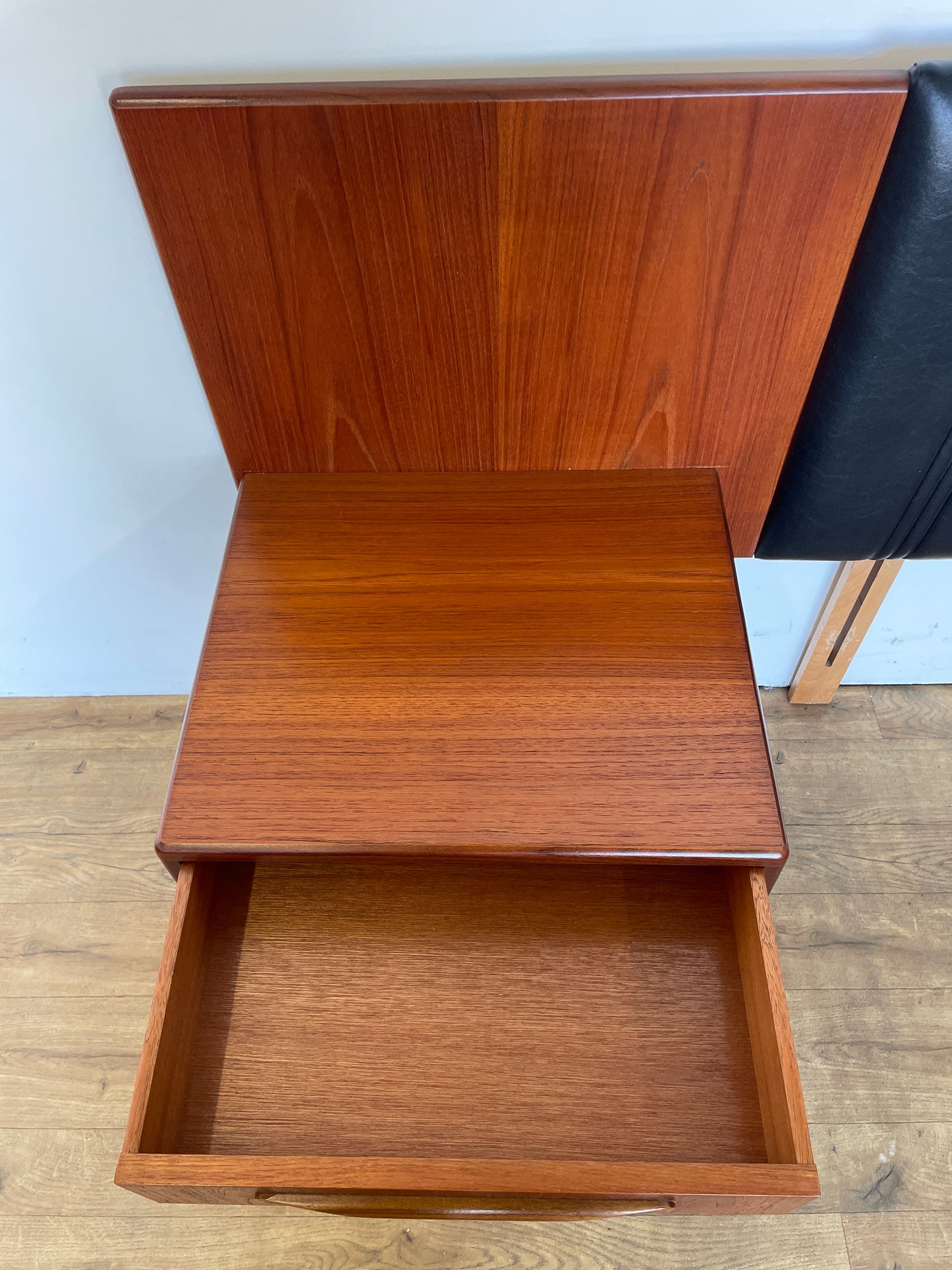 Mid-Century Teak & Black Vinyl G Plan Fresco King Headboard with Built-In Bedside Cabinets