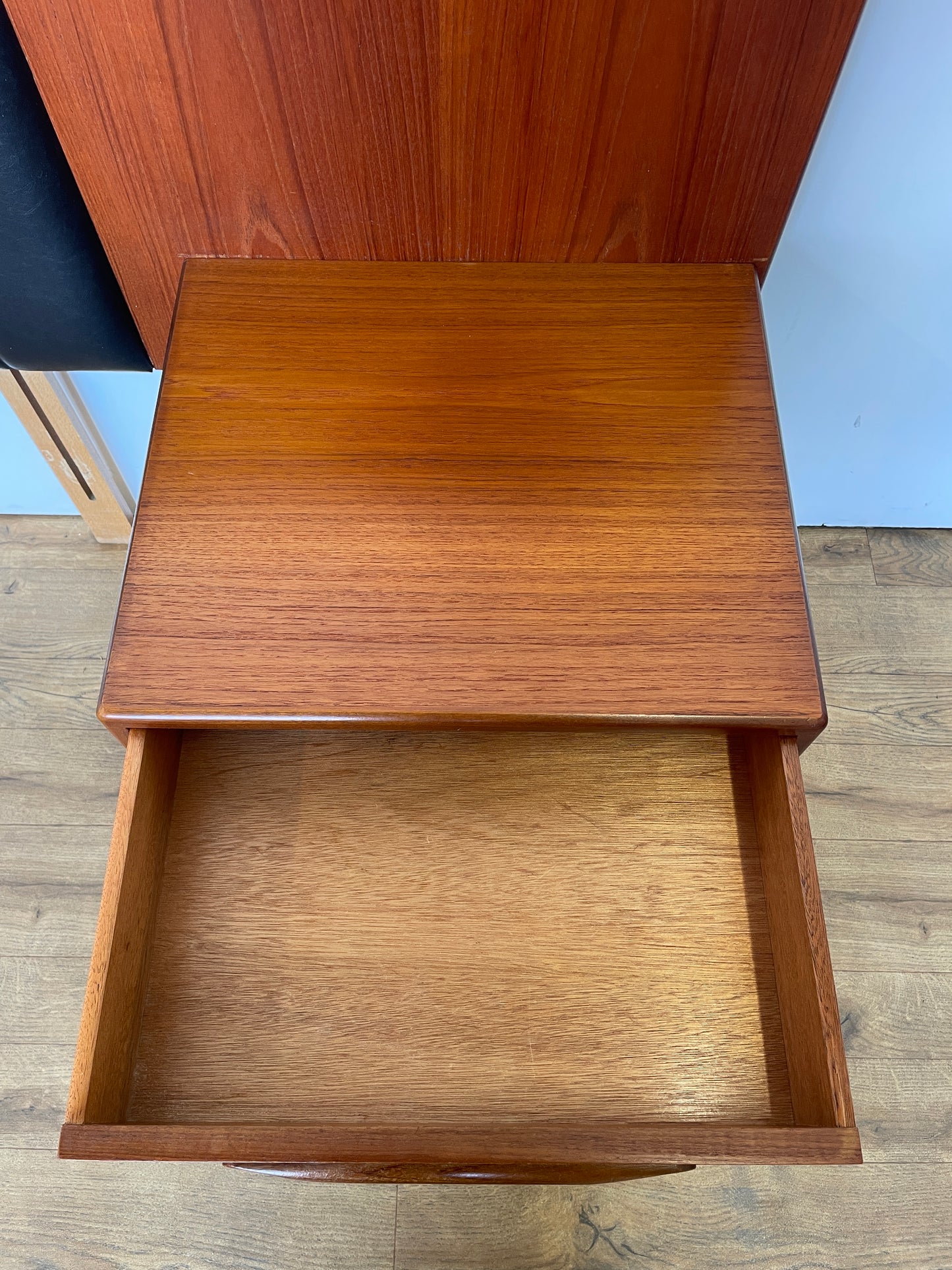 Mid-Century Teak & Black Vinyl G Plan Fresco King Headboard with Built-In Bedside Cabinets