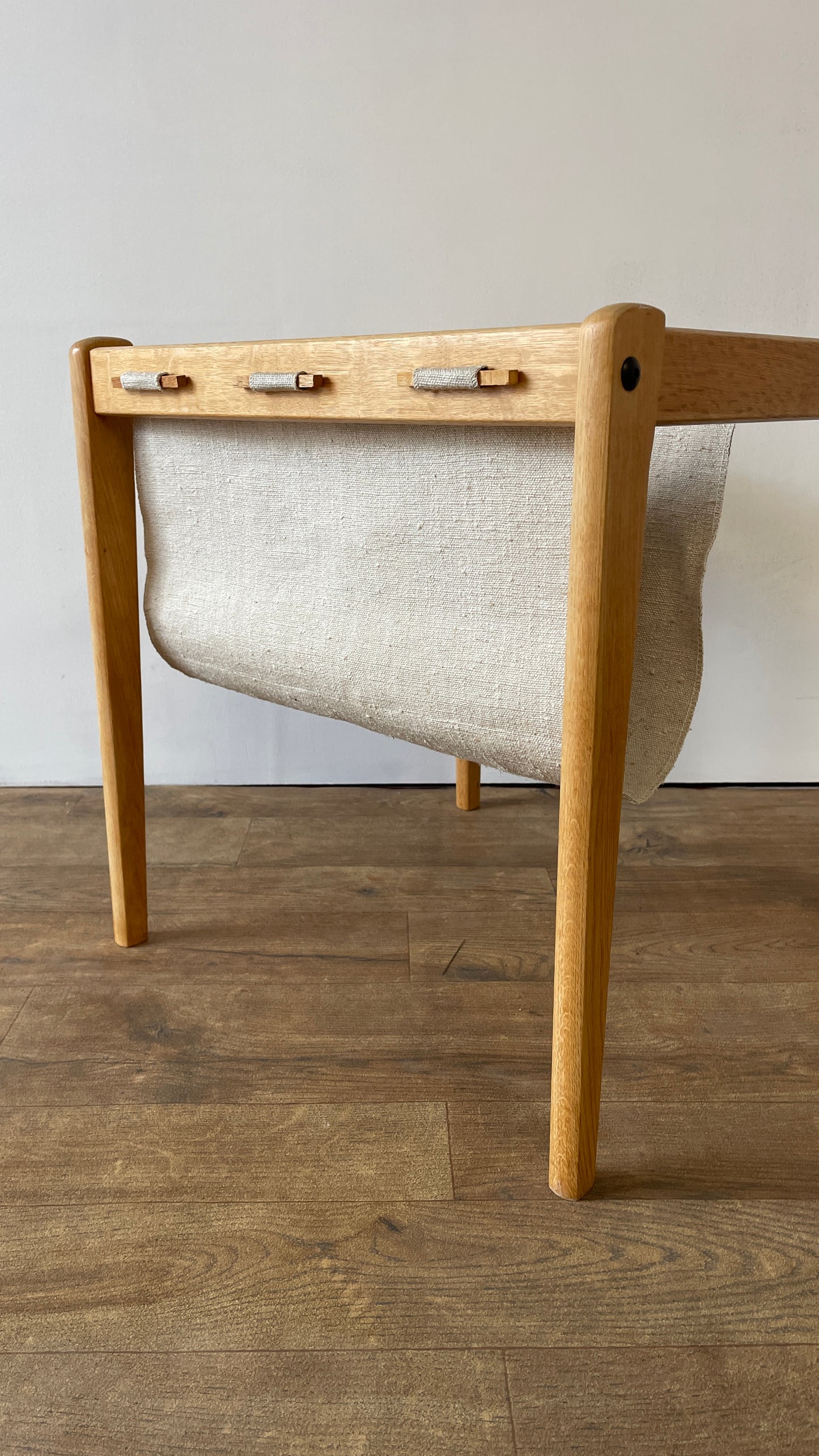 Mid-Century Danish Oak & Fabric Magazine Rack Side Table by BRDR Furbo | Scandinavian Modern 1960s