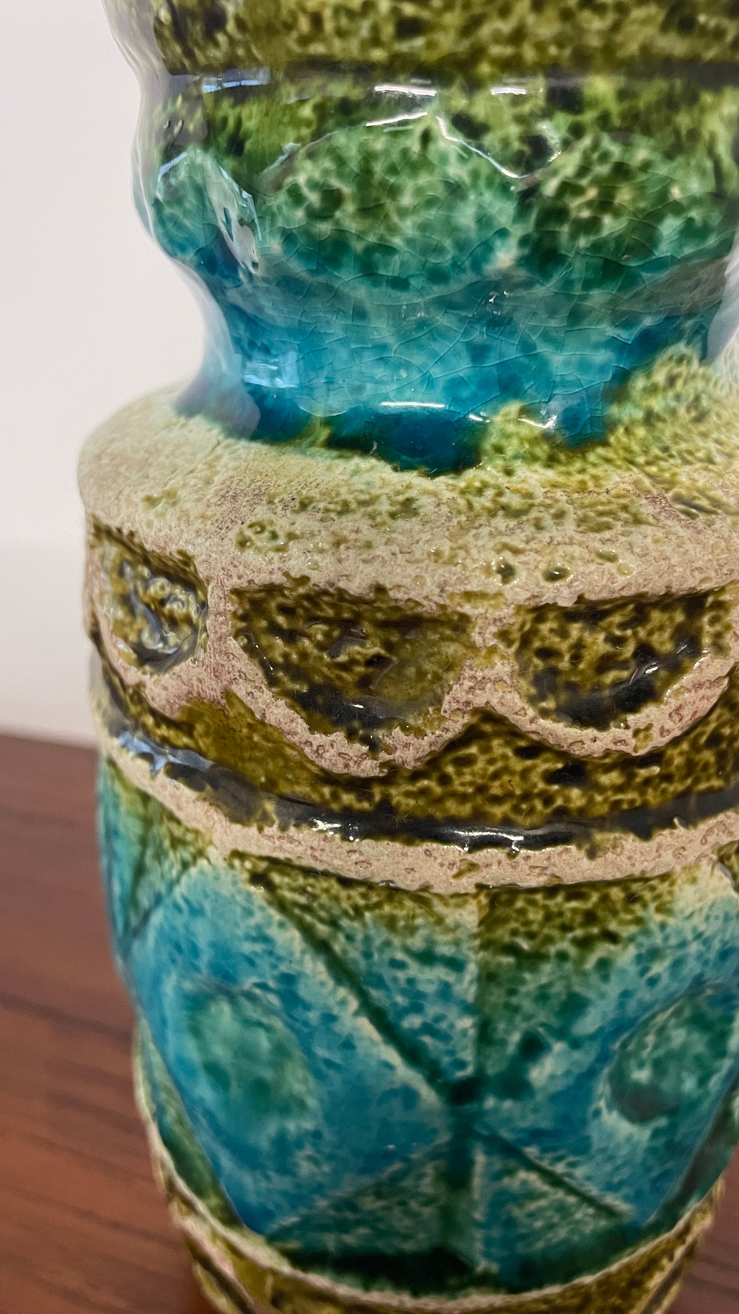 Mid-Century West German Turquoise & Green Glaze Vase | 20cm Ceramic Art Pottery