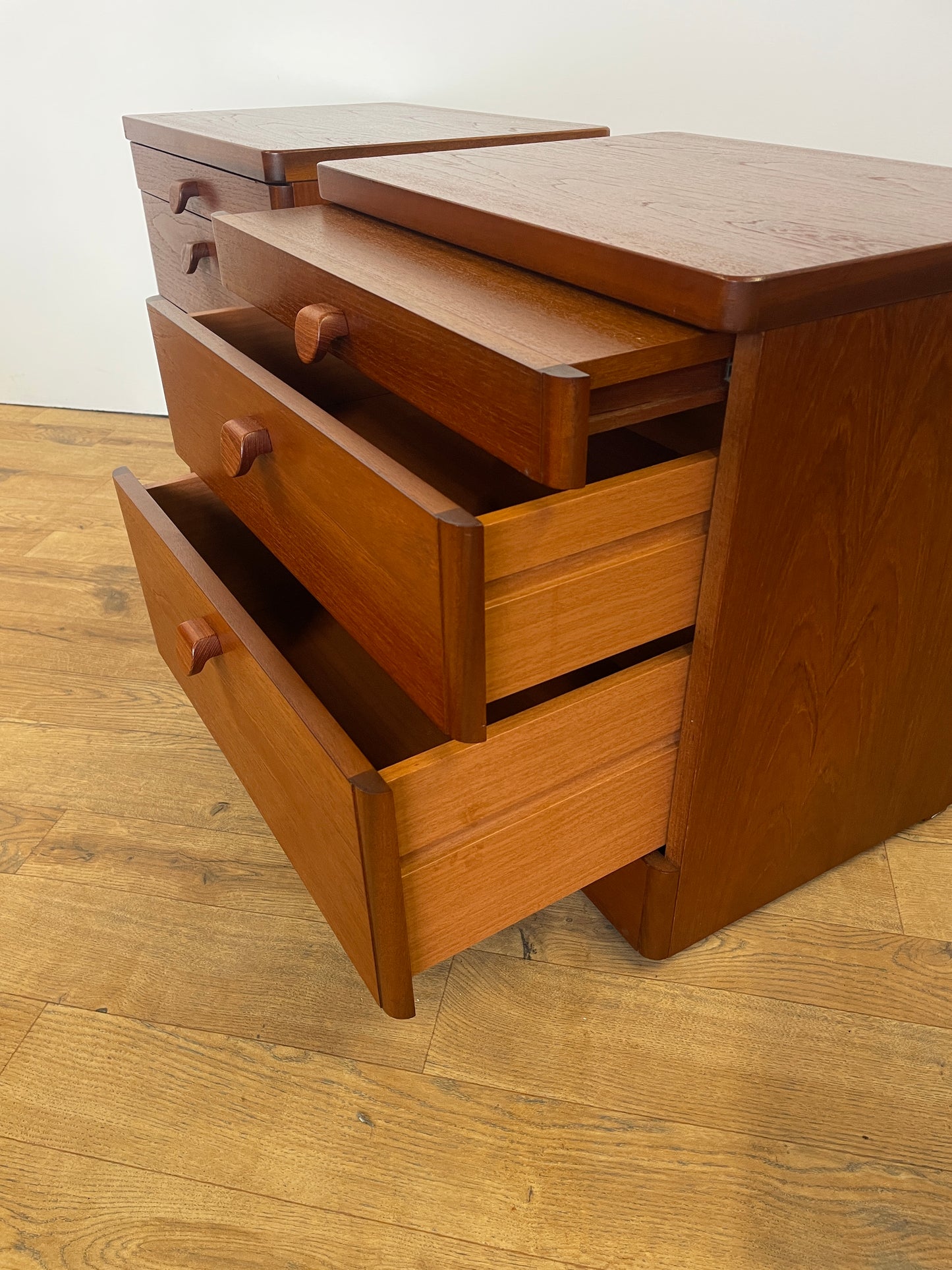 Pair of Stag Bedsides - Teak Mid-Century Vintage w/ Pull Out Shelf - UK Made