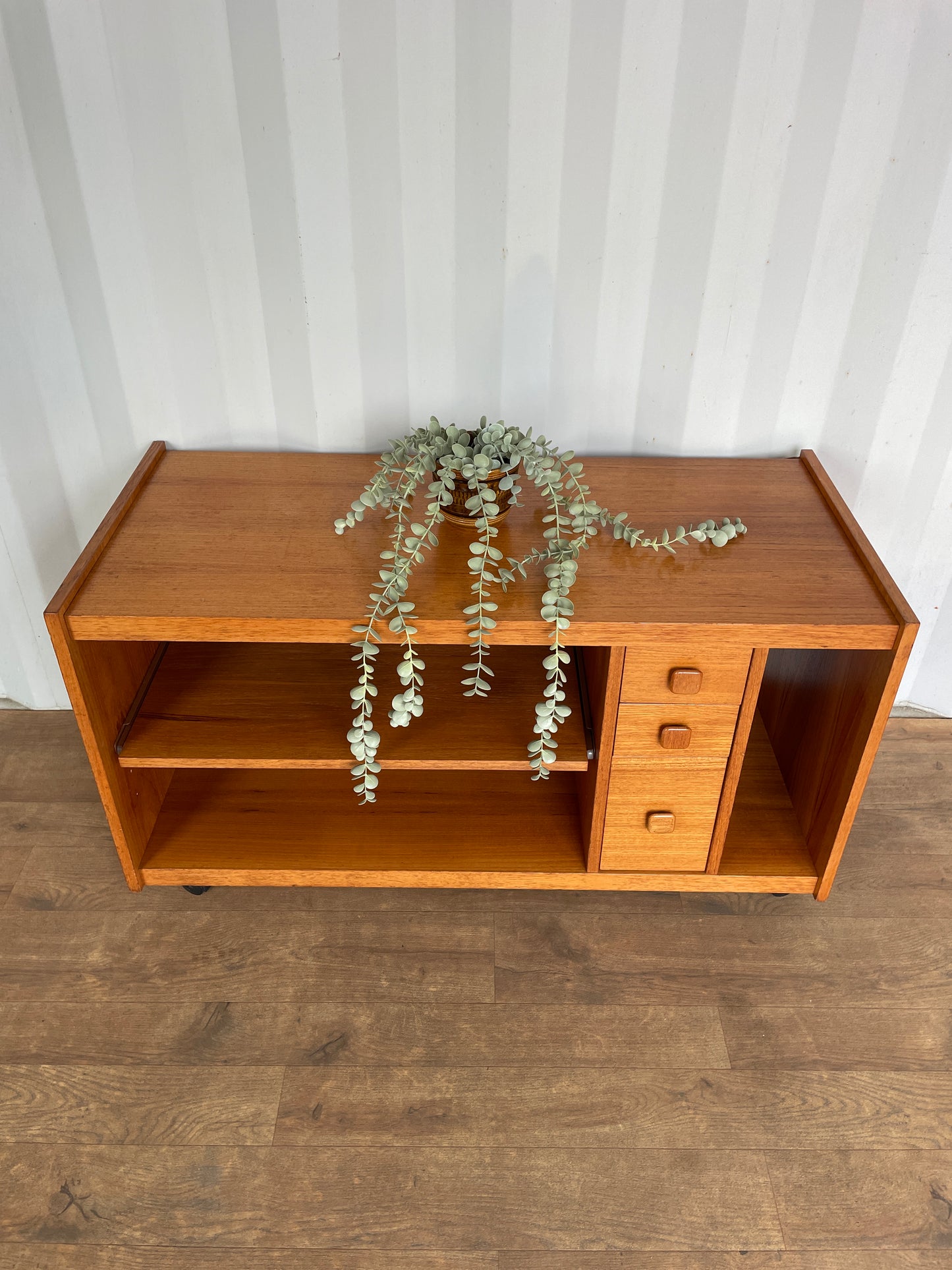 TV Cabinet / Media Unit Danish Style Vintage Teak Mid-Century on Castors – Shelving, Drawers & Pull Out Storage