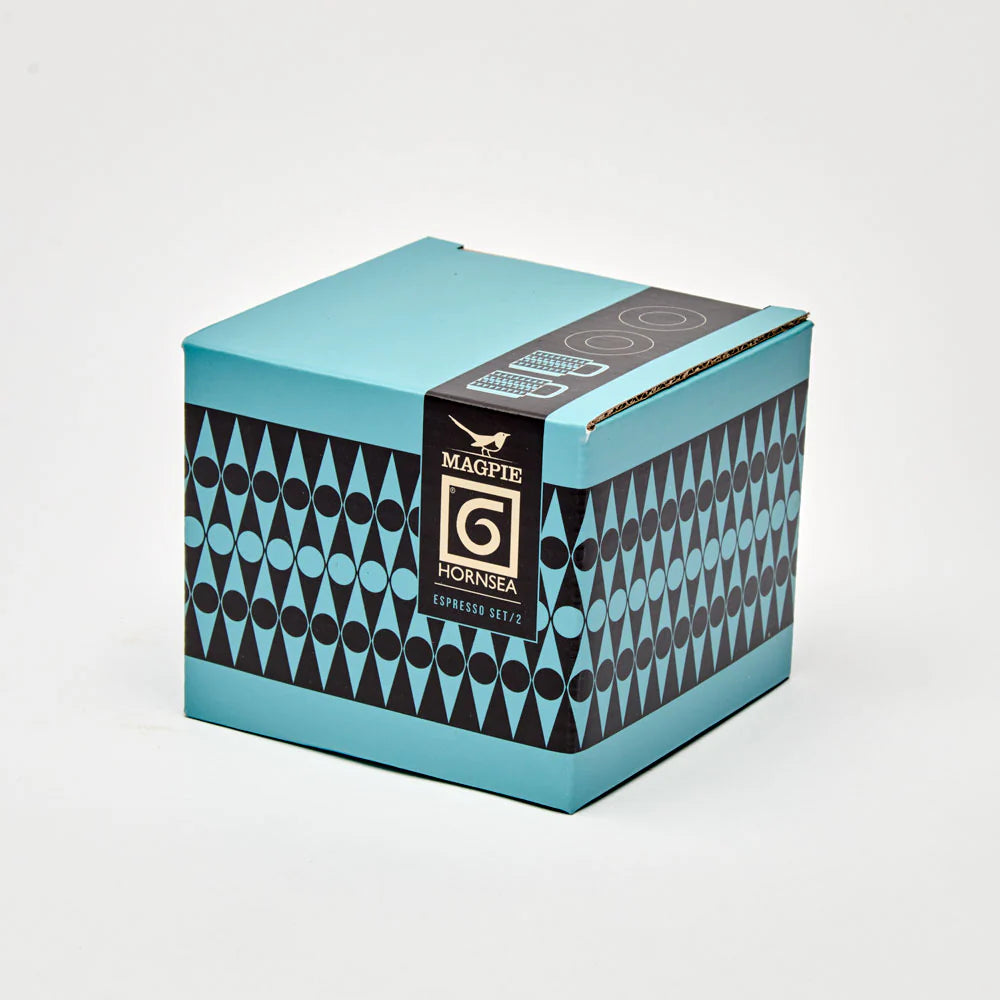 Hornsea Espresso Set of 2 Small Geometric Teal Cups & Saucers