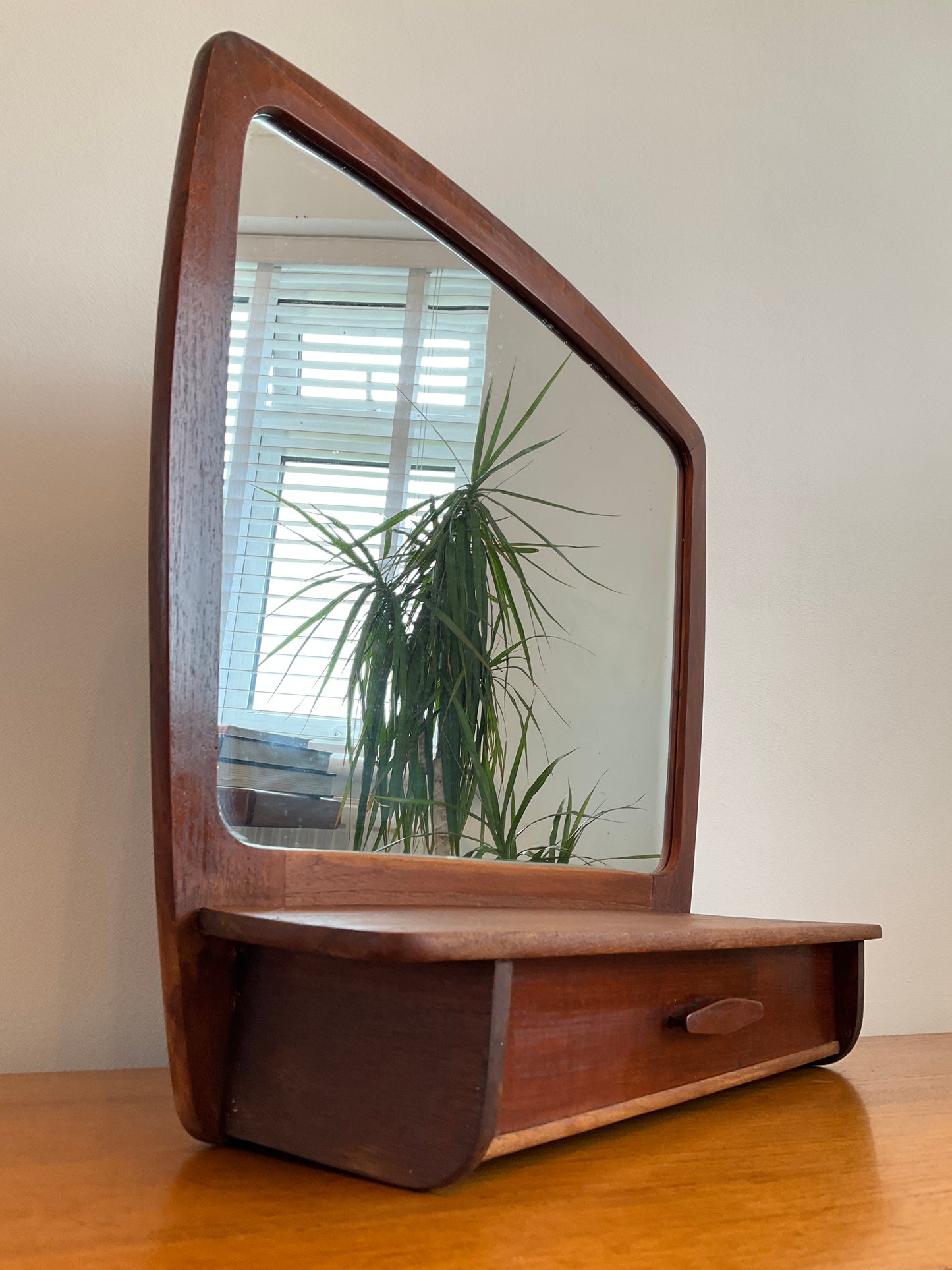 Danish Wall Mirror with Shelf & Drawer Teak Vintage – Mid Century Modern Dressing Mirror 52cm
