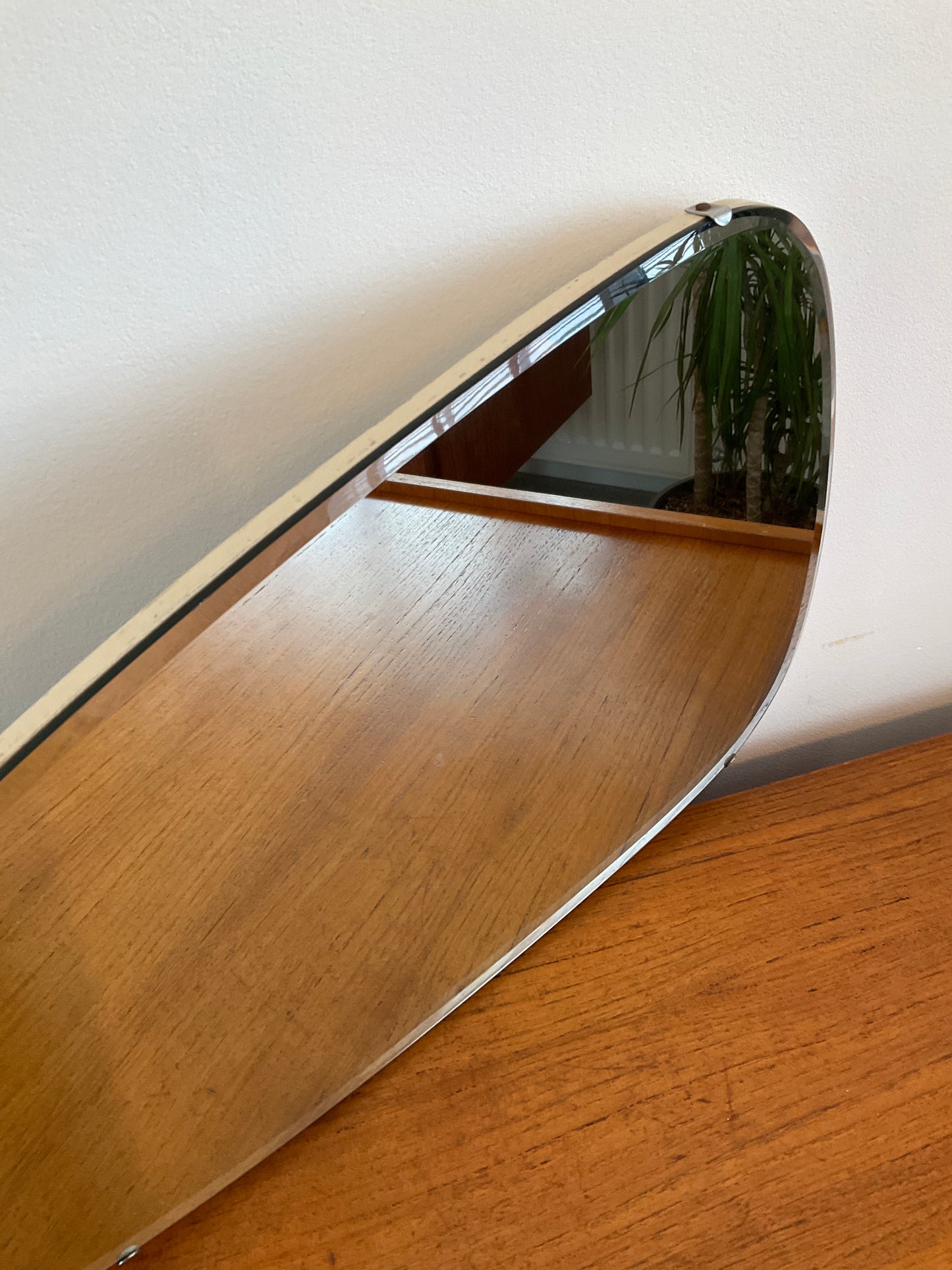 Vintage Wall Mirror Frameless Asymmetrical – Mid Century Organic Pebble Shape Bevelled Edge Glass 55cm x 32cm
