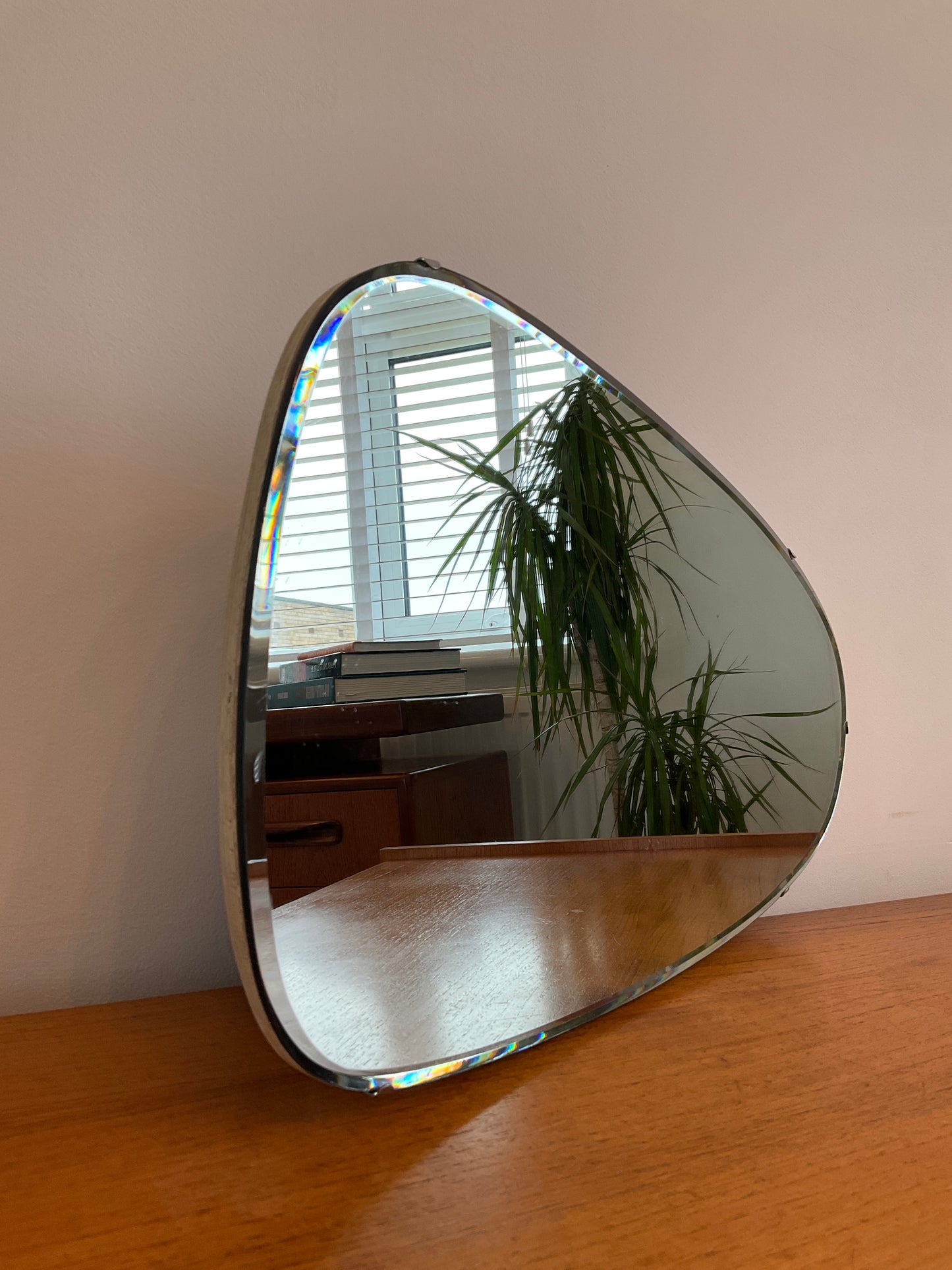 Vintage Wall Mirror Frameless Asymmetrical – Mid Century Organic Pebble Shape Bevelled Edge Glass 55cm x 32cm