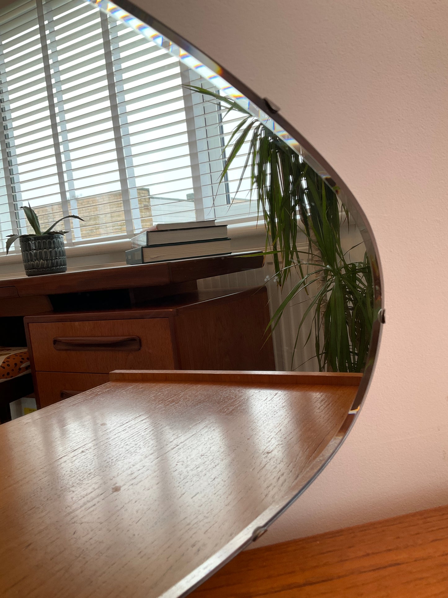 Vintage Wall Mirror Frameless Asymmetrical – Mid Century Organic Pebble Shape Bevelled Edge Glass 55cm x 32cm
