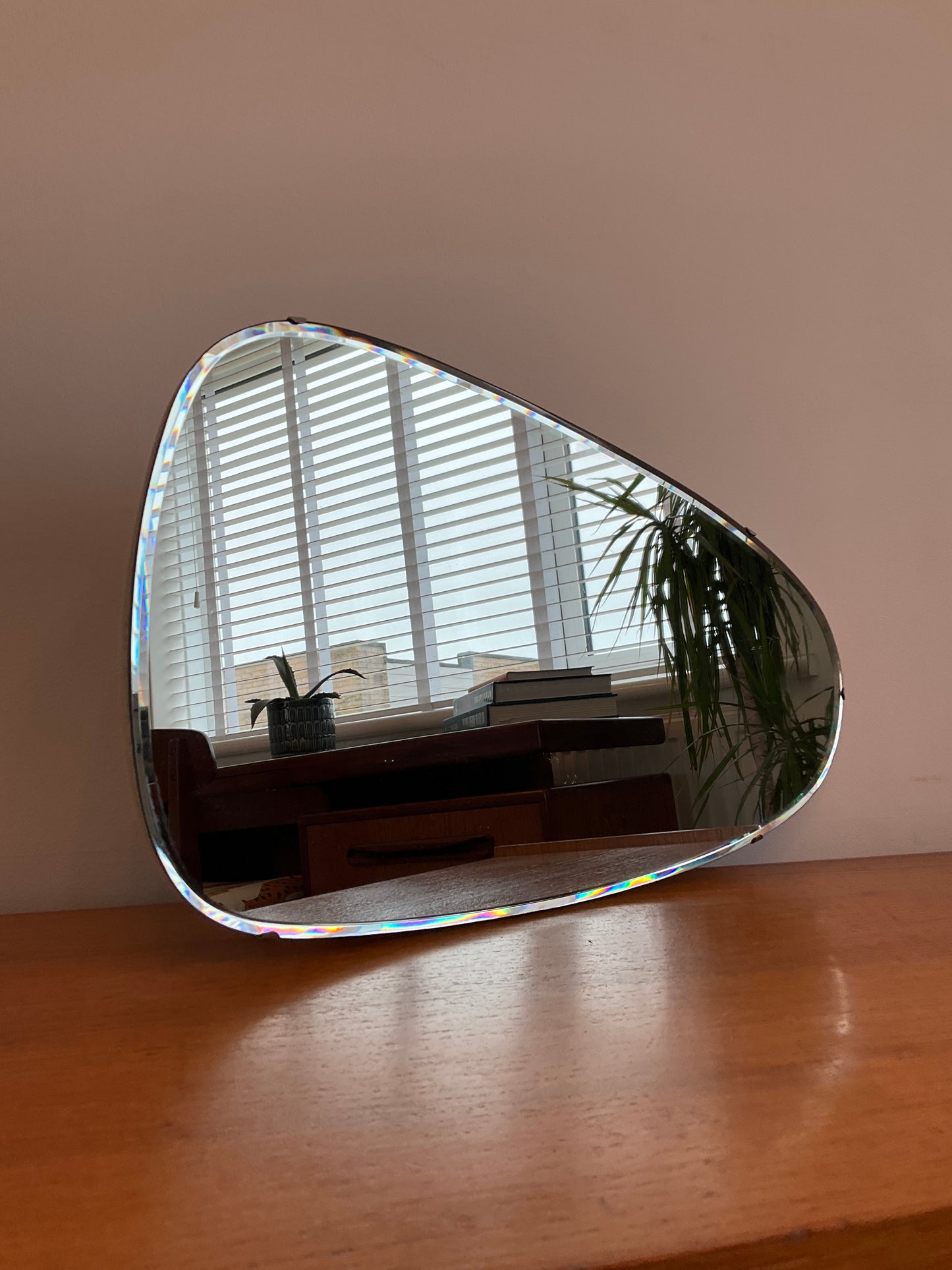 Vintage Wall Mirror Frameless Asymmetrical – Mid Century Organic Pebble Shape Bevelled Edge Glass 55cm x 32cm