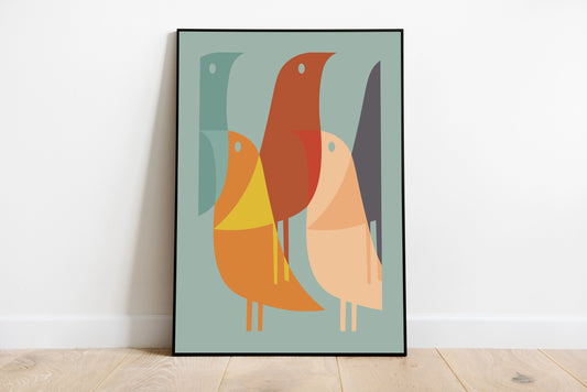 Mid-Century Bird Print Poster - Multicoloured - Wall Art - A4