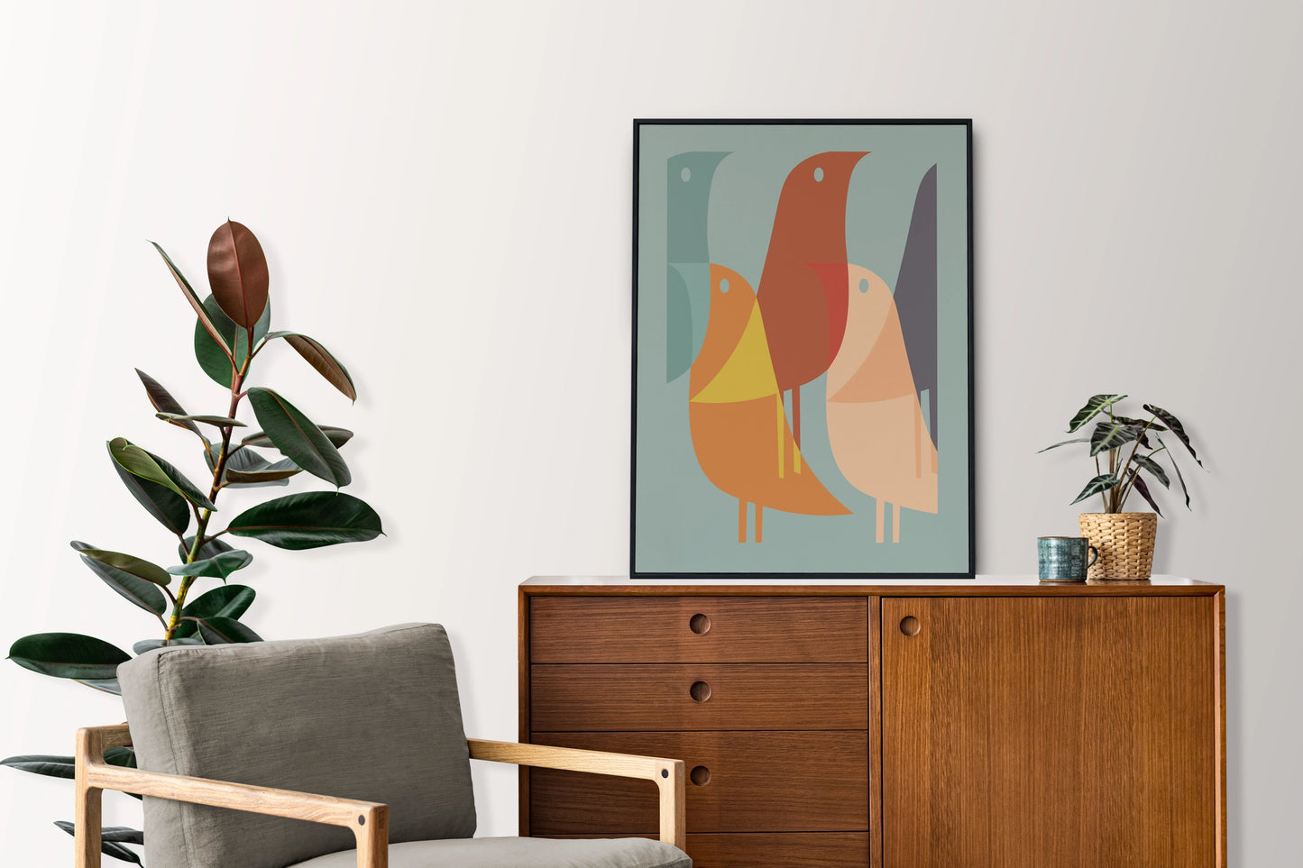 Mid-Century Bird Print Poster - Multicoloured - Wall Art - A4