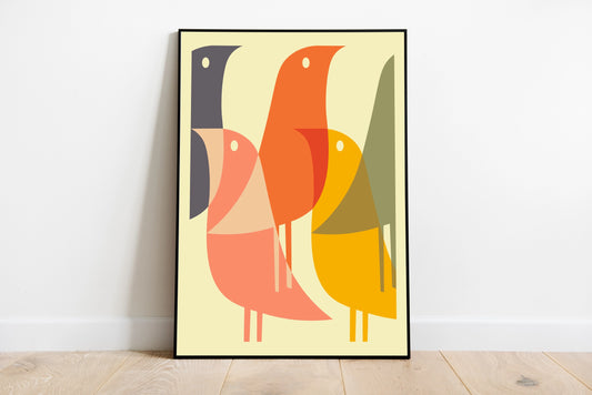 Mid-Century Bird Print Poster - Multicoloured - Wall Art - A4