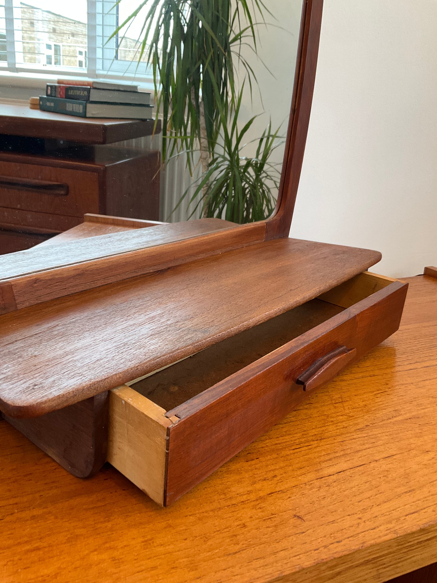 Danish Wall Mirror with Shelf & Drawer Teak Vintage – Mid Century Modern Dressing Mirror 52cm