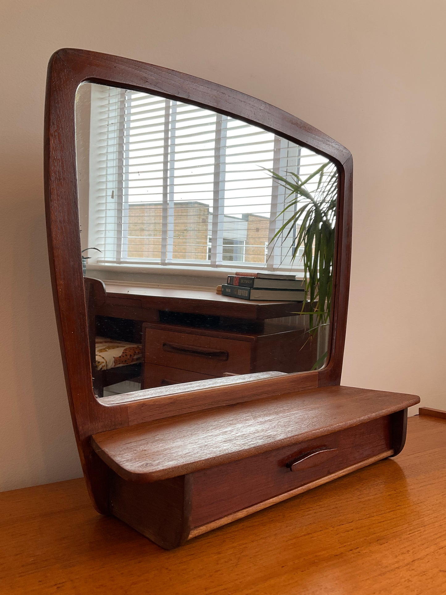 Danish Wall Mirror with Shelf & Drawer Teak Vintage – Mid Century Modern Dressing Mirror 52cm