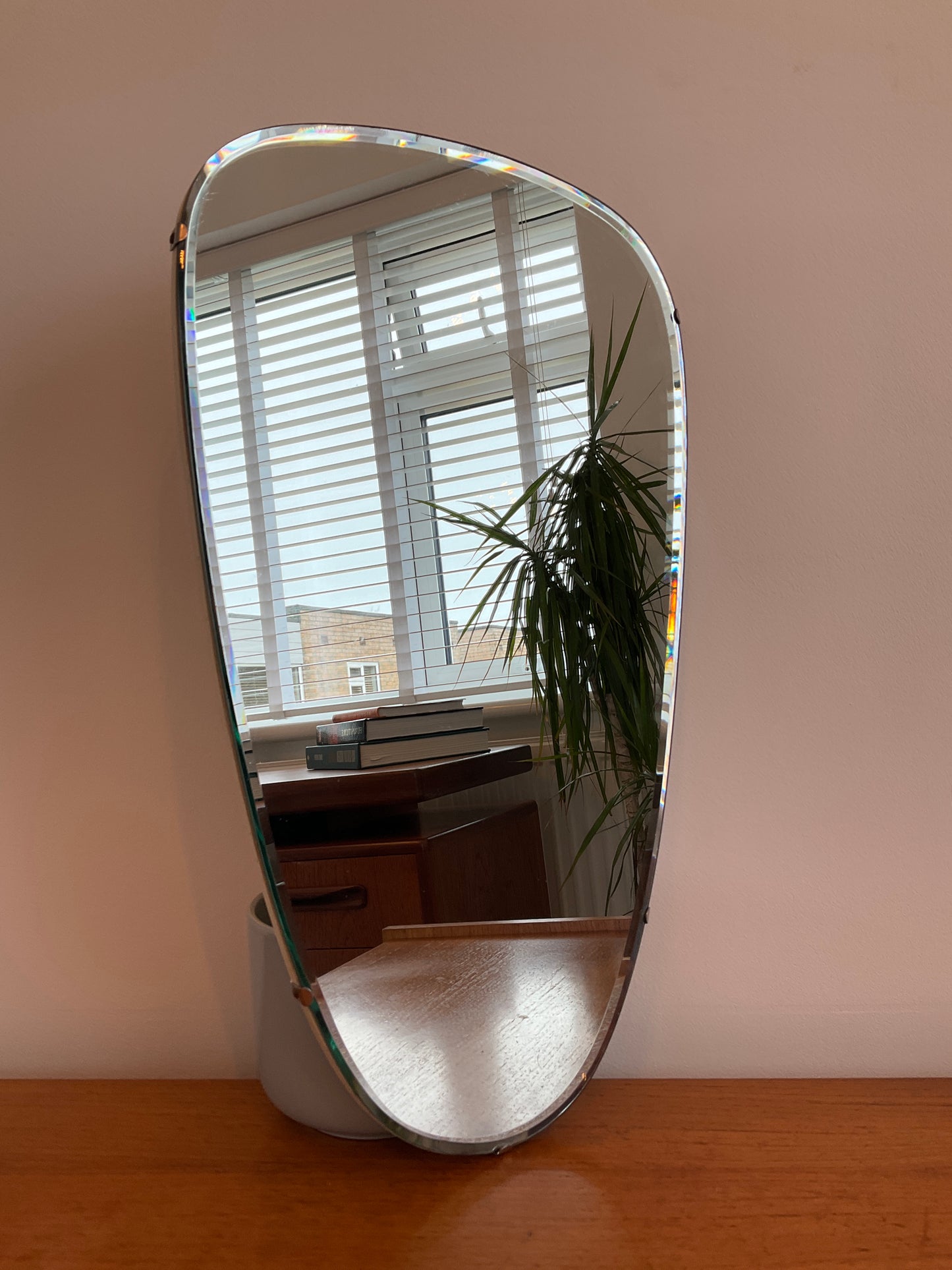 Vintage Wall Mirror Frameless Asymmetrical – Mid Century Organic Pebble Shape Bevelled Edge Glass 55cm x 32cm
