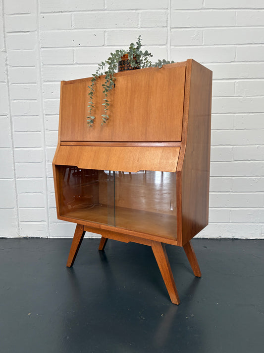 Vintage Mid-Century Bureau Writing Desk with Glass Display Cabinet