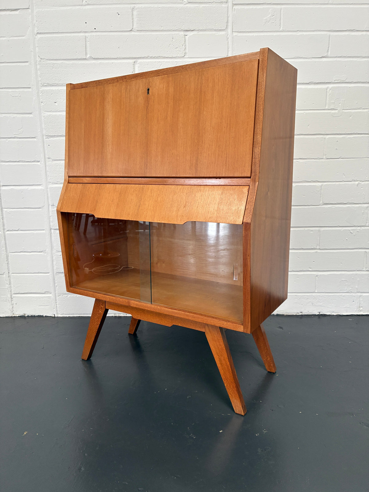 Vintage Mid-Century Bureau Writing Desk with Glass Display Cabinet