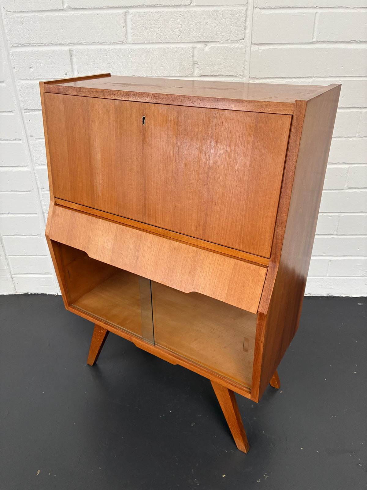Vintage Mid-Century Bureau Writing Desk with Glass Display Cabinet