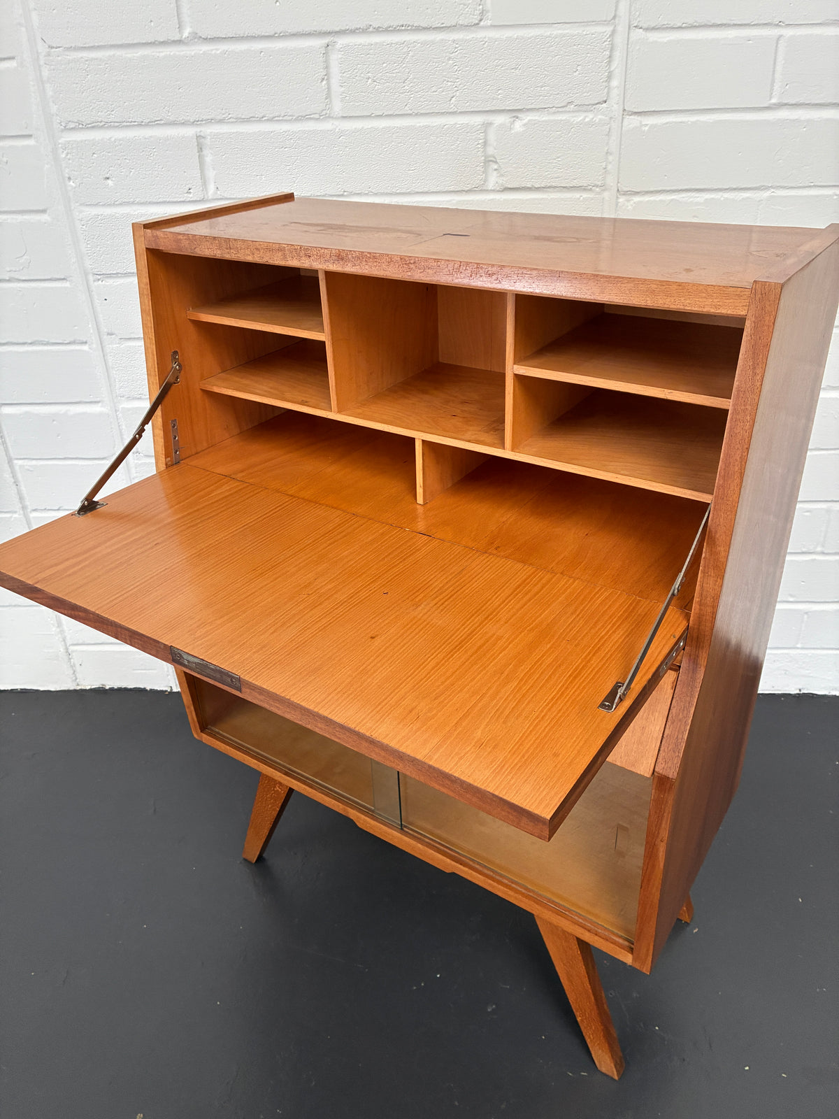 Vintage Mid-Century Bureau Writing Desk with Glass Display Cabinet