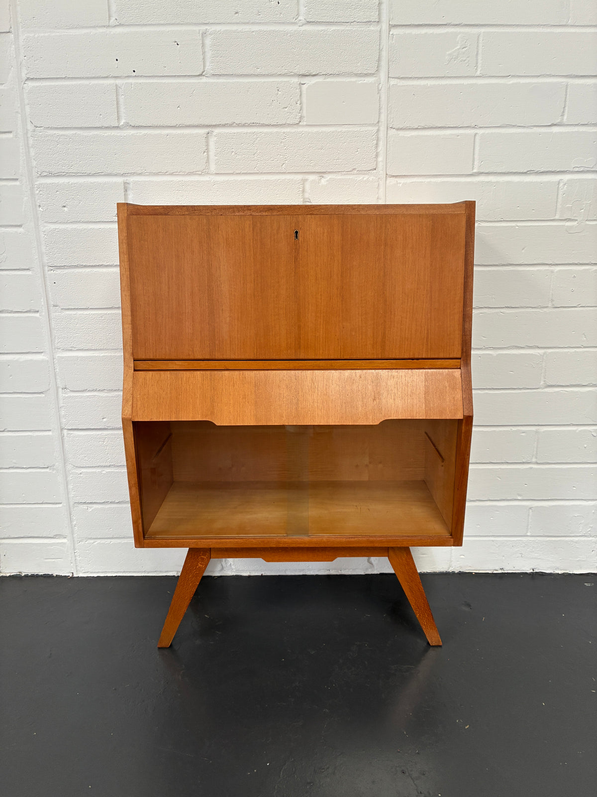 Vintage Mid-Century Bureau Writing Desk with Glass Display Cabinet