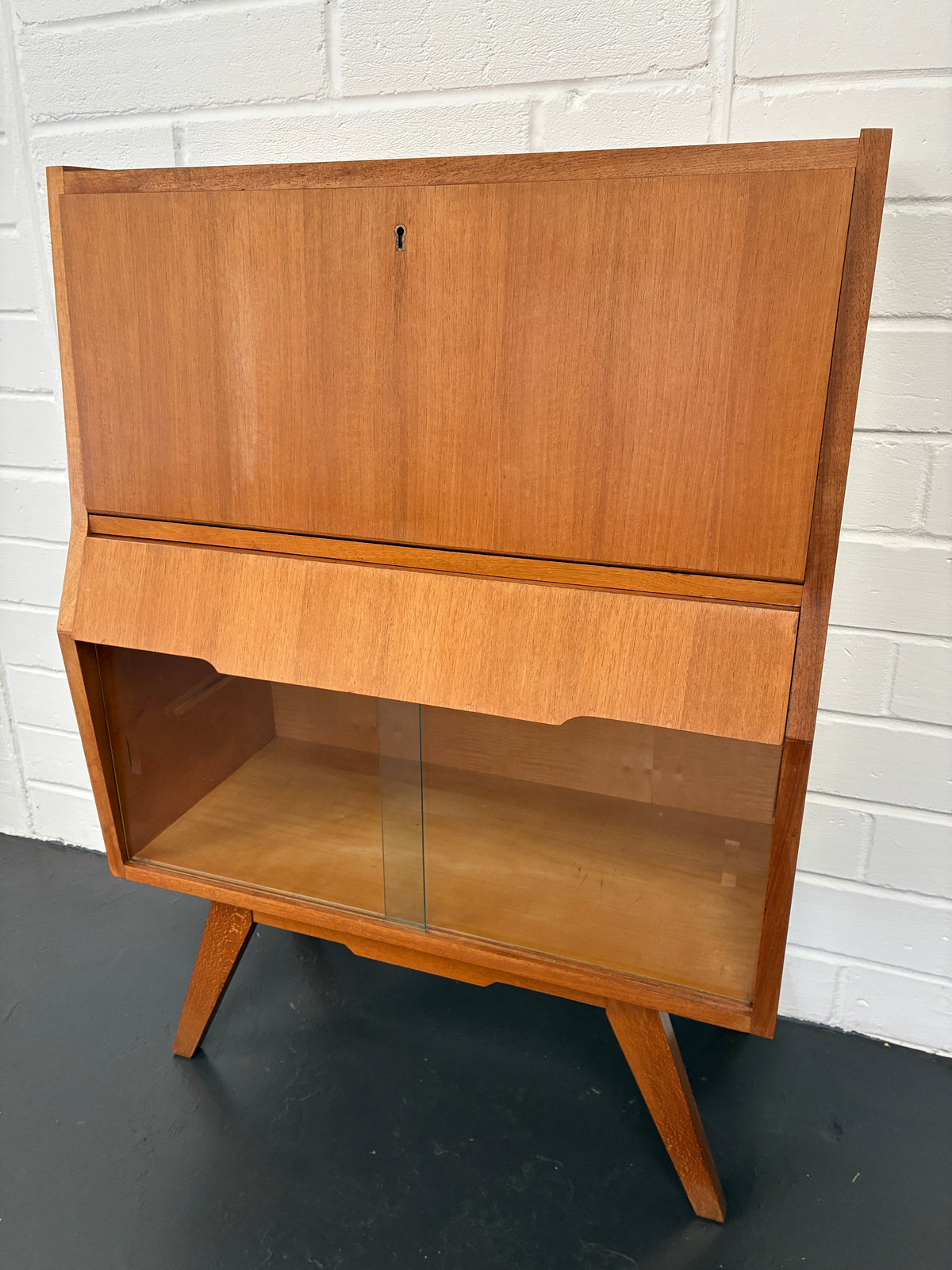 Vintage Mid-Century Bureau Writing Desk with Glass Display Cabinet